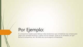 Por Ejemplo:
Si compramos madera para fabricar sillas tendremos que contabilizar esa compra para
saber qué cantidad tenemos, cuanto nos ha costado, quién es el vendedor, en qué
fecha la compramos, etc. De todo eso se encarga la contabilidad.
 