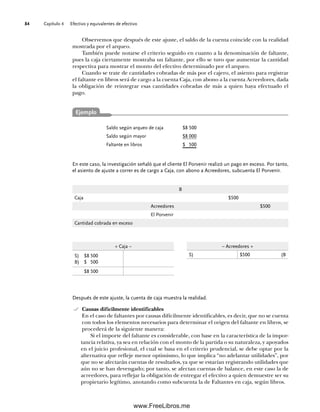 Capítulo 4 Efectivo y equivalentes de efectivo
84
Después de este ajuste, la cuenta de caja muestra la realidad.
Causas difícilmente identificables
En el caso de faltantes por causas difícilmente identificables, es decir, que no se cuenta
con todos los elementos necesarios para determinar el origen del faltante en libros, se
procederá de la siguiente manera:
Si el importe del faltante es considerable, con base en la característica de la impor-
tancia relativa, ya sea en relación con el monto de la partida o su naturaleza, y apoyados
en el juicio profesional, el cual se basa en el criterio prudencial, se debe optar por la
alternativa que refleje menor optimismo, lo que implica “no adelantar utilidades”, por
que no se afectarán cuentas de resultados, ya que se estarían registrando utilidades que
aún no se han devengado; por tanto, se afectan cuentas de balance, en este caso la de
acreedores, para reflejar la obligación de entregar el efectivo a quien demuestre ser su
propietario legítimo, anotando como subcuenta la de Faltantes en caja, según libros.
Observemos que después de este ajuste, el saldo de la cuenta coincide con la realidad
mostrada por el arqueo.
También puede notarse el criterio seguido en cuanto a la denominación de faltante,
pues la caja ciertamente mostraba un faltante, por ello se tuvo que aumentar la cantidad
respectiva para mostrar el monto del efectivo determinado por el arqueo.
Cuando se trate de cantidades cobradas de más por el cajero, el asiento para registrar
el faltante en libros será de cargo a la cuenta Caja, con abono a la cuenta Acreedores, dada
la obligación de reintegrar esas cantidades cobradas de más a quien haya efectuado el
pago.
Saldo según arqueo de caja $8 500
Saldo según mayor $8 000
Faltante en libros $ 500
En este caso, la investigación señaló que el cliente El Porvenir realizó un pago en exceso. Por tanto,
el asiento de ajuste a correr es de cargo a Caja, con abono a Acreedores, subcuenta El Porvenir.
B
Caja $500
Acreedores $500
El Porvenir
Cantidad cobrada en exceso
+ Caja –
S) $8 500
B) $ 500
$8 500
– Acreedores +
S) $500 (B
Ejemplo
04Romero(079-142).indd 84
04Romero(079-142).indd 84 14/7/11 16:20:27
14/7/11 16:20:27
www.FreeLibros.me
 