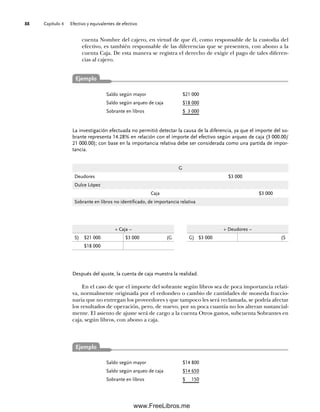 Capítulo 4 Efectivo y equivalentes de efectivo
88
Después del ajuste, la cuenta de caja muestra la realidad.
En el caso de que el importe del sobrante según libros sea de poca importancia relati-
va, normalmente originada por el redondeo o cambio de cantidades de moneda fraccio-
naria que no entregan los proveedores y que tampoco les será reclamada, se podría afectar
los resultados de operación, pero, de nuevo, por su poca cuantía no los alteran sustancial-
mente. El asiento de ajuste será de cargo a la cuenta Otros gastos, subcuenta Sobrantes en
caja, según libros, con abono a caja.
cuenta Nombre del cajero, en virtud de que él, como responsable de la custodia del
efectivo, es también responsable de las diferencias que se presenten, con abono a la
cuenta Caja. De esta manera se registra el derecho de exigir el pago de tales diferen-
cias al cajero.
Saldo según mayor $21 000
Saldo según arqueo de caja $18 000
Sobrante en libros $ 3 000
La investigación efectuada no permitió detectar la causa de la diferencia, ya que el importe del so-
brante representa 14.28% en relación con el importe del efectivo según arqueo de caja (3 000.00/
21 000.00); con base en la importancia relativa debe ser considerada como una partida de impor-
tancia.
G
Deudores $3 000
Dulce López
Caja $3 000
Sobrante en libros no identificado, de importancia relativa
+ Caja –
S) $21 000 $3 000 (G
$18 000
+ Deudores –
G) $3 000 (S
Saldo según mayor $14 800
Saldo según arqueo de caja $14 650
Sobrante en libros $ 150
Ejemplo
Ejemplo
04Romero(079-142).indd 88
04Romero(079-142).indd 88 14/7/11 16:20:27
14/7/11 16:20:27
www.FreeLibros.me
 