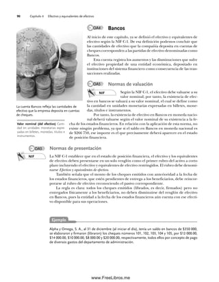 Capítulo 4 Efectivo y equivalentes de efectivo
90
Bancos
Al inicio de este capítulo, ya se definió el efectivo y equivalentes de
efectivo según la NIF C-1. De esa definición podemos concluir que
las cantidades de efectivo que la compañía deposita en cuentas de
cheques corresponden a las partidas de efectivo denominadas como
Bancos.
Esta cuenta registra los aumentos y las disminuciones que sufre
el efectivo propiedad de una entidad económica, depositado en
instituciones del sistema financiero como consecuencia de las tran-
sacciones realizadas.
Normas de valuación
Según la NIF C-1, el efectivo debe valuarse a su
valor nominal; por tanto, la existencia de efec-
tivo en bancos se valuará a su valor nominal, el cual se define como
la cantidad en unidades monetarias expresadas en billetes, mone-
das, títulos e instrumentos.
Por tanto, la existencia de efectivo en Bancos en moneda nacio-
nal deberá valuarse según el valor nominal de su existencia a la fe-
cha de los estados financieros. En relación con la aplicación de esta norma, no
existe ningún problema, ya que si el saldo en Bancos en moneda nacional es
de $266 750, ese importe es el que precisamente deberá aparecer en el estado
de posición financiera.
Normas de presentación
La NIF C-1 establece que en el estado de posición financiera, el efectivo y los equivalentes
de efectivo deben presentarse en un solo renglón como el primer rubro del activo a corto
plazo incluyendo el efectivo y equivalentes de efectivo restringidos. El rubro debe denomi-
narse Efectivo y equivalentes de efectivo.
También señala que el monto de los cheques emitidos con anterioridad a la fecha de
los estados financieros, que estén pendientes de entrega a los beneficiarios, debe reincor-
porarse al rubro de efectivo reconociendo el pasivo correspondiente.
La regla es clara: todos los cheques emitidos (librados, es decir, firmados) pero no
entregados físicamente a los beneficiarios, no deben disminuirse del renglón de efectivo
en Bancos, pues la entidad a la fecha de los estados financieros aún cuenta con ese efecti-
vo disponible para sus operaciones.
La cuenta Bancos refleja las cantidades de
efectivo que la empresa deposita en cuentas
de cheques.
OA4
OA5
NIF
Valor nominal (del efectivo) Canti-
dad en unidades monetarias expre-
sadas en billetes, monedas, títulos e
instrumentos.
OA5
NIF
Alpha y Omega, S. A., al 31 de diciembre (al iniciar el día), tenía un saldo en bancos de $350 000,
se elaboraron y firmaron (libraron) los cheques números 101, 102, 103, 104 y 105, por $12 000.00,
$14 000.00, $10 000.00, $8 000.00 y $20 000.00, respectivamente, todos ellos por concepto de pago
de diversos gastos del departamento de administración.
Ejemplo
04Romero(079-142).indd 90
04Romero(079-142).indd 90 14/7/11 16:20:27
14/7/11 16:20:27
www.FreeLibros.me
 