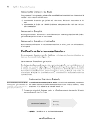 Capítulo 5 Instrumentos financieros
148
Instrumentos financieros de deuda
Son contratos celebrados para satisfacer las necesidades de financiamiento temporal en la
entidad emisora; pueden dividirse en:
a) Instrumentos de deuda, que pueden ser colocados a descuento sin cláusula de in-
terés.
b) Instrumentos de deuda con cláusula de interés, los cuales pueden colocarse con pre-
mio o descuento.
Instrumentos de capital
Es cualquier contrato, documento o título referido a un contrato que evidencie la partici-
pación en el capital contable de una entidad.
Instrumentos financieros combinados
Son contratos que incluyen un instrumento financiero de deuda junto con un instrumen-
to de capital.
Clasificación de los instrumentos financieros
Los instrumentos financieros pueden clasificarse en instrumentos financieros primarios e ins-
trumentos financieros derivados (figura 5-5).
Intrumentos financieros primarios
Los instrumentos financieros primarios están representados por los instrumentos financieros de
deuda y los instrumentos de capital (figura 5-6). Podemos decir que desde el punto de vista de
la entidad adquirente, o sea la parte activa, los instrumentos de deuda y los instrumentos
de capital son activos financieros, mientras que para el emisor, es decir, la parte pasiva, los
instrumentos de deuda son pasivos financieros y los instrumentos de capital representan
capital contable.
Instrumentos financieros de deuda
Los instrumentos financieros de deuda son contratos celebrados para satisfa-
cer las necesidades de financiamiento temporal en la entidad emisora y, como
se aprecia en la figura 5-6, se pueden dividir en:
i) Instrumentos primarios de deuda que pueden ser colocados a descuento sin cláusulas de interés;
un ejemplo pueden ser los Cetes.
Instrumentos financieros
• Primarios
• Derivados
Figura 5-5 Clasificación de los instrumentos financieros.
Instrumentos financieros de deuda
Contratos que buscan satisfacer las
necesidades de financiamiento tem-
poral de la entidad emisora.
05Romero(143-166).indd 148
05Romero(143-166).indd 148 14/7/11 16:00:21
14/7/11 16:00:21
www.FreeLibros.me
 