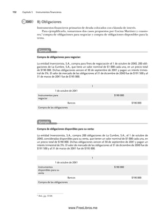 Capítulo 5 Instrumentos financieros
152
B) Obligaciones
Instrumentos financieros primarios de deuda colocados con cláusula de interés.
Para ejemplificarlo, tomaremos dos casos propuestos por Cocina Martínez y coauto-
res,3
compra de obligaciones para negociar y compra de obligaciones disponibles para la
venta.
Compra de obligaciones para negociar:
La entidad Inversionista, S.A., compra para fines de negociación el 1 de octubre de 20X0, 200 obli-
gaciones de La Cumbre, S.A., que tiene un valor nominal de $1 000 cada una, en un precio total
de $190 000. Dichas obligaciones vencen el 30 de septiembre de 20X1 y pagan un interés trimes-
tral de 3%. El valor de mercado de las obligaciones al 31 de diciembre de 20X0 fue de $191 500 y al
31 de marzo de 20X1 fue de $195 000.
3
Ibid., pp. 57-68.
1
1 de octubre de 20X1
Instrumentos para
negociar
$190 000
Bancos $190 000
Compra de las obligaciones
Compra de obligaciones disponibles para su venta:
La entidad Inversionista, S.A., compra 200 obligaciones de La Cumbre, S.A., el 1 de octubre de
20X0, consideradas disponibles para su venta, que tienen un valor nominal de $1 000 cada una, en
un precio total de $190 000. Dichas obligaciones vencen el 30 de septiembre de 20X1 y pagan un
interés trimestral de 3%. El valor de mercado de las obligaciones al 31 de diciembre de 20X0 fue de
$191 500 y al 31 de marzo de 20X1 fue de $195 000.
1
1 de octubre de 20X1
Instrumentos
disponibles para su
venta
$190 000
Bancos $190 000
Compra de las obligaciones
OA3
Ejemplo
Ejemplo
05Romero(143-166).indd 152
05Romero(143-166).indd 152 14/7/11 16:00:21
14/7/11 16:00:21
www.FreeLibros.me
 