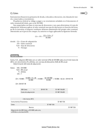 Normas de valuación 153
C) Cetes
Instrumentos financieros primarios de deuda, colocados a descuento, sin cláusula de inte-
rés, conservados a vencimiento.
El gobierno federal se obliga a pagar a su vencimiento señalado en el documento el
valor nominal del título, que es de $10 000.
Son negociados con base en una tasa de descuento; o sea, para determinar el costo de
adquisición, debemos aplicar al valor nominal una tasa de descuento en función del tiem-
po de la inversión; el importe resultante debemos disminuirlo del propio valor nominal,
obteniendo así el precio de compra. Lo anterior se logra aplicando la siguiente fórmula:
CA = VN –
VN × %D × T
36 000
donde: CA = Costo de adquisición
VN = Valor nominal
%D = Tasa de descuento
T = Tiempo
OA3
Gama, S.A., adquiere 200 Cetes con un valor nominal (VN) de $10 000 cada uno el 2 de marzo de
2012, con vencimiento (T) a 28 días, con una tasa de descuento (%D) de 8% anual.
Determinación del costo de adquisición:
Datos: VN = $10 000
%D = 8% anual
T = 28 días
CA = ?
CA = 10 000 –
10 000 × 8 × 28
36 000
= 10 000 –
$2 240 000
36 000
= 10 000 – 62.22 = $9 937.78
CA = $9 937.78
200 Cetes × $9 937.78 $1 987 556.00
Costo de adquisición $1 987 556.00
2 de marzo 2012
Instrumentos financieros $1 987 556
Cetes $1 987 556
Bancos $1 987 556
Adquisición de 200 Cetes a $10 000 cada uno,
a 28 días a una tasa de 8%
Ejemplo
05Romero(143-166).indd 153
05Romero(143-166).indd 153 14/7/11 16:00:21
14/7/11 16:00:21
www.FreeLibros.me
 
