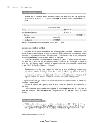 Capítulo 6 Cuentas por cobrar
172
Descuentos sobre ventas
Es el importe de las bonificaciones que por pronto pago se conceden a los clientes. Estos
descuentos tienen la finalidad de fomentar el pago anticipado, situación favorable para la
empresa, ya que reduce sus costos de facturación y cobranza y, lo que es más importante,
se disminuye el riesgo de incurrir en cuentas incobrables.
En estos descuentos tenemos dos alternativas de registro: el método del precio bruto y el
del precio neto. A pesar del uso del primero, la lógica contable del mundo de los negocios
se inclina cada día más hacia el registro de los precios netos, fundamentado en lo expues-
to por Earl A. Spiller, Jr. y Martin L. Gosman:3
El descuento en efectivo es en realidad una multa que se carga por el pago extemporáneo,
que quienes pagan a tiempo no tienen que remitir. El ingreso esperado de la venta de
mercancías es el precio en efectivo o el precio neto, según el método neto, la cuenta
de ventas se acredita sólo con el precio del producto. Se acredita una cuenta separada de
ingresos siempre que se cobre un efectivo adicional por el pago extemporáneo.
Es importante señalar que cuando los clientes no aprovechan los descuentos se debe hacer
un ajuste a los ingresos.
Cuando se registra por el precio bruto se debe registrar a la cuenta de descuentos so-
bre venta.
Ambos métodos registran el mismo importe de ingresos por ventas. Cada empresa, de
acuerdo con sus necesidades, podrá usar cualquiera de los dos, pero no ambos al mismo
tiempo.
El 19 de abril se conceden rebajas a Esteban Zamora por $35 000.00, más IVA, según nota
5.
de crédito núm. C/R 0025 y a La Especial por $19 800.00, más IVA, según nota de crédito C/R
0026.
5
19 de abril de 20X2
Rebajas sobre venta $54 800.00
IVA pendiente de causar $ 8 768.00
Clientes $63 568.00
Esteban Zamora $40 600.00
La Especial $22 968.00
Rebajas sobre venta según notas de crédito núm. C/R 0025 y 0026
3
Citado en Romero López, op. cit., p. 457.
El 22 de abril se venden mercancías a crédito a Esteban Zamora por $800 000.00, más IVA, bajo
6.
las siguientes condiciones: 10%/15, N/30, que se lee de la siguiente manera: 10% de descuen-
to si paga dentro de los primeros 15 días, o pago total a 30 días, según factura núm. 12351.
Ejemplos (continuación)
Ejemplos (continuación)
06Romero(167-222).indd 172
06Romero(167-222).indd 172 14/7/11 18:28:24
14/7/11 18:28:24
www.FreeLibros.me
 