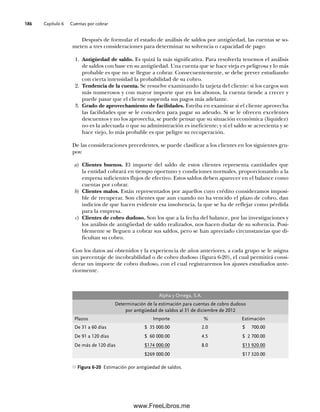 Capítulo 6 Cuentas por cobrar
186
Después de formular el estado de análisis de saldos por antigüedad, las cuentas se so-
meten a tres consideraciones para determinar su solvencia o capacidad de pago:
1. Antigüedad de saldo. Es quizá la más significativa. Para resolverla tenemos el análisis
de saldos con base en su antigüedad. Una cuenta que se hace vieja es peligrosa y lo más
probable es que no se llegue a cobrar. Consecuentemente, se debe prever estudiando
con cierta intensidad la probabilidad de su cobro.
2. Tendencia de la cuenta. Se resuelve examinando la tarjeta del cliente: si los cargos son
más numerosos y con mayor importe que en los abonos, la cuenta tiende a crecer y
puede pasar que el cliente suspenda sus pagos más adelante.
3. Grado de aprovechamiento de facilidades. Estriba en examinar si el cliente aprovecha
las facilidades que se le conceden para pagar su adeudo. Si se le ofrecen excelentes
descuentos y no los aprovecha, se puede pensar que su situación económica (liquidez)
no es la adecuada o que su administración es ineficiente; y si el saldo se acrecienta y se
hace viejo, lo más probable es que peligre su recuperación.
De las consideraciones precedentes, se puede clasificar a los clientes en los siguientes gru-
pos:
a) Clientes buenos. El importe del saldo de estos clientes representa cantidades que
la entidad cobrará en tiempo oportuno y condiciones normales, proporcionando a la
empresa suficientes flujos de efectivo. Estos saldos deben aparecer en el balance como
cuentas por cobrar.
b) Clientes malos. Están representados por aquellos cuyo crédito consideramos imposi-
ble de recuperar. Son clientes que aun cuando no ha vencido el plazo de cobro, dan
indicios de que hacen evidente esa insolvencia, la que se ha de reflejar como pérdida
para la empresa.
c) Clientes de cobro dudoso. Son los que a la fecha del balance, por las investigaciones y
los análisis de antigüedad de saldo realizados, nos hacen dudar de su solvencia. Posi-
blemente se lleguen a cobrar sus saldos, pero se han apreciado circunstancias que di-
ficultan su cobro.
Con los datos así obtenidos y la experiencia de años anteriores, a cada grupo se le asigna
un porcentaje de incobrabilidad o de cobro dudoso (figura 6-20), el cual permitirá consi-
derar un importe de cobro dudoso, con el cual registraremos los ajustes estudiados ante-
riormente.
Alpha y Omega, S.A.
Determinación de la estimación para cuentas de cobro dudoso
por antigüedad de saldos al 31 de diciembre de 2012
Plazos Importe % Estimación
De 31 a 60 días $ 35 000.00 2.0 $ 700.00
De 91 a 120 días $ 60 000.00 4.5 $ 2 700.00
De más de 120 días $174 000.00 8.0 $13 920.00
$269 000.00 $17 320.00
Figura 6-20 Estimación por antigüedad de saldos.
06Romero(167-222).indd 186
06Romero(167-222).indd 186 14/7/11 18:28:25
14/7/11 18:28:25
www.FreeLibros.me
 