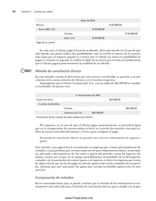 Capítulo 6 Cuentas por cobrar
192
En este caso, el cliente pagó el total de su adeudo. ¿Pero qué sucede en el caso de que
sólo liquide una parte? Caben dos posibilidades: una es revertir el asiento de la cancela-
ción hasta por el importe pagado si creemos que el cliente no estará en posibilidad de
pagar lo restante; la segunda es reabrir el saldo de la cuenta por el total, si consideramos
que el cliente pagará posteriormente la totalidad de su adeudo.
Método de cancelación directa
En este método, cuando se determina que una cuenta es incobrable, se procede a su can-
celación en la cuenta colectiva de clientes y en el auxiliar respectivo.
Supongamos que el cliente Cerámica Jul, S.A., con un saldo de $65 000.00 se conside-
ra incobrable. El asiento será:
Mayo de 20X3
Bancos $150 000.00
Banco ABC, S.A. $150 000.00
Clientes $150 000.00
Demi, S.A. $150 000.00
Pago de su cuenta
OA3
31 de diciembre de 20X3
Gastos de venta $65 000.00
Cuentas incobrables
Clientes $65 000.00
Cerámica Jul, S.A. $65 000.00
Incremento de las cuentas de cobro dudoso de clientes
Por supuesto, en el caso de que el cliente pague posteriormente, se procederá igual
que en la recuperación de cuentas malas; es decir, se correrán dos asientos, uno para re-
abrir la cuenta (reversión del asiento) y el otro para consignar el pago.
El método de cancelación directa no permite una correcta confrontación de ingresos y
gastos.
Este método, cuya aplicación se recomienda en empresas que venden principalmente de
contado, y cuyas pérdidas por cuentas malas son de poca importancia relativa, no permite
un adecuado enfrentamiento de los costos y gastos del periodo contra los ingresos del
mismo, motivo por el que no se apega razonablemente al postulado de la devengación
contable y de la asociación de costos y gastos con ingresos, es decir, los ingresos por ventas
de algún cliente que no ha de pagar su adeudo aparecerán en los resultados de un perio-
do, mientras que, por otra parte, los gastos por cuentas incobrables aparecerán en otro
ejercicio.
Comparación de métodos
De lo comentado hasta aquí, se puede concluir que el método de las estimaciones es téc-
nicamente más adecuado que el método de cancelación directa, pues cumple con el pos-
06Romero(167-222).indd 192
06Romero(167-222).indd 192 19/7/11 18:05:43
19/7/11 18:05:43
www.FreeLibros.me
 