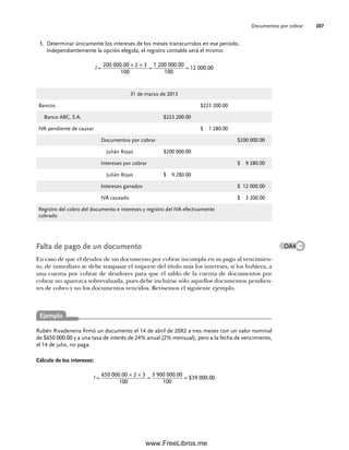 Documentos por cobrar 207
Determinar únicamente los intereses de los meses transcurridos en ese periodo.
5.
Independientemente la opción elegida, el registro contable será el mismo:
I =
200 000.00 × 2 × 3
100
=
1 200 000.00
100
= 12 000.00
Rubén Rivadeneira firmó un documento el 14 de abril de 20X2 a tres meses con un valor nominal
de $650 000.00 y a una tasa de interés de 24% anual (2% mensual), pero a la fecha de vencimiento,
el 14 de julio, no paga.
Cálculo de los intereses:
I =
650 000.00 × 2 × 3
100
=
3 900 000.00
100
= $39 000.00
31 de marzo de 2013
Bancos $223 200.00
Banco ABC, S.A. $223 200.00
IVA pendiente de causar $ 1 280.00
Documentos por cobrar $200 000.00
Julián Rojas $200 000.00
Intereses por cobrar $ 9 280.00
Julián Rojas $ 9 280.00
Intereses ganados $ 12 000.00
IVA causado $ 3 200.00
Registro del cobro del documento e intereses y registro del IVA efectivamente
cobrado
Falta de pago de un documento
En caso de que el deudor de un documento por cobrar incumpla en su pago al vencimien-
to, de inmediato se debe traspasar el importe del título más los intereses, si los hubiera, a
una cuenta por cobrar de deudores para que el saldo de la cuenta de documentos por
cobrar no aparezca sobrevaluada, pues debe incluirse sólo aquellos documentos pendien-
tes de cobro y no los documentos vencidos. Revisemos el siguiente ejemplo.
Ejemplo
OA4
06Romero(167-222).indd 207
06Romero(167-222).indd 207 14/7/11 18:28:29
14/7/11 18:28:29
www.FreeLibros.me
 