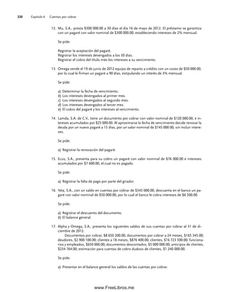 Capítulo 6 Cuentas por cobrar
220
Mu, S.A., presta $300 000.00 a 30 días el día 16 de mayo de 2012. El préstamo se garantiza
12.
con un pagaré con valor nominal de $300 000.00, estableciendo intereses de 2% mensual.
Se pide:
Registrar la aceptación del pagaré.
Registrar los intereses devengados a los 30 días.
Registrar el cobro del título más los intereses a su vencimiento.
Omega vende el 19 de junio de 2012 equipo de reparto a crédito con un costo de $50 000.00,
13.
por lo cual le firman un pagaré a 90 días, estipulando un interés de 3% mensual.
Se pide:
a) Determinar la fecha de vencimiento.
b) Los intereses devengados al primer mes.
c) Los intereses devengados al segundo mes.
d) Los intereses devengados al tercer mes.
e) El cobro del pagaré y los intereses al vencimiento.
Lamda, S.A. de C.V., tiene un documento por cobrar con valor nominal de $120 000.00, e in-
14.
tereses acumulados por $25 000.00. Al aproximarse la fecha de vencimiento decide renovar la
deuda por un nuevo pagaré a 15 días, por un valor nominal de $145 000 00, sin incluir intere-
ses.
Se pide:
a) Registrar la renovación del pagaré.
Ecus, S.A., presenta para su cobro un pagaré con valor nominal de $76 000.00 e intereses
15.
acumulados por $7 600.00, el cual no es pagado.
Se pide:
a) Registrar la falta de pago por parte del girador.
Yeta, S.A., con un saldo en cuentas por cobrar de $345 000.00, descuenta en el banco un pa-
16.
garé con valor nominal de $50 000.00, por lo cual el banco le cobra intereses de $6 500.00.
Se pide:
a) Registrar el descuento del documento.
b) El balance general.
Alpha y Omega, S.A., presenta los siguientes saldos de sus cuentas por cobrar al 31 de di-
17.
ciembre de 2012.
Documentos por cobrar, $8 650 200.00; documentos por cobrar a 24 meses, $165 345.00;
deudores, $2 900 100.00; clientes a 18 meses, $876 400.00; clientes, $16 723 500.00; funciona-
rios y empleados, $650 000.00; documentos descontados, $5 000 000.00; anticipos de clientes,
$234 764.00; estimación para cuentas de cobro dudoso de clientes, $1 240 000.00.
Se pide:
a) Presentar en el balance general los saldos de las cuentas por cobrar.
06Romero(167-222).indd 220
06Romero(167-222).indd 220 14/7/11 18:28:30
14/7/11 18:28:30
www.FreeLibros.me
 
