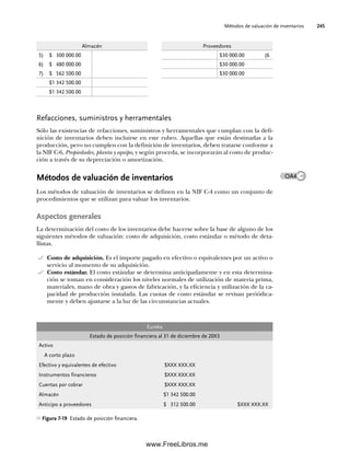 Métodos de valuación de inventarios 245
Almacén
5) $ 300 000.00
6) $ 480 000.00
7) $ 562 500.00
$1 342 500.00
$1 342 500.00
Proveedores
$30 000.00 (6
$30 000.00
$30 000.00
Refacciones, suministros y herramentales
Sólo las existencias de refacciones, suministros y herramentales que cumplan con la defi-
nición de inventarios deben incluirse en este rubro. Aquellas que están destinadas a la
producción, pero no cumplen con la definición de inventarios, deben tratarse conforme a
la NIF C-6, Propiedades, planta y equipo, y según proceda, se incorporarán al costo de produc-
ción a través de su depreciación o amortización.
Métodos de valuación de inventarios
Los métodos de valuación de inventarios se definen en la NIF C-4 como un conjunto de
procedimientos que se utilizan para valuar los inventarios.
Aspectos generales
La determinación del costo de los inventarios debe hacerse sobre la base de alguno de los
siguientes métodos de valuación: costo de adquisición, costo estándar o método de deta-
llistas.
Costo de adquisición. Es el importe pagado en efectivo o equivalentes por un activo o
servicio al momento de su adquisición.
Costo estándar. El costo estándar se determina anticipadamente y en esta determina-
ción se toman en consideración los niveles normales de utilización de materia prima,
materiales, mano de obra y gastos de fabricación, y la eficiencia y utilización de la ca-
pacidad de producción instalada. Las cuotas de costo estándar se revisan periódica-
mente y deben ajustarse a la luz de las circunstancias actuales.
Eureka
Estado de posición financiera al 31 de diciembre de 20X3
Activo
A corto plazo
Efectivo y equivalentes de efectivo $XXX XXX.XX
Instrumentos financieros $XXX XXX.XX
Cuentas por cobrar $XXX XXX.XX
Almacén $1 342 500.00
Anticipo a proveedores $ 312 500.00 $XXX XXX.XX
Figura 7-19 Estado de posición financiera.
OA4
07Romero(223-310).indd 245
07Romero(223-310).indd 245 19/7/11 18:10:09
19/7/11 18:10:09
www.FreeLibros.me
 