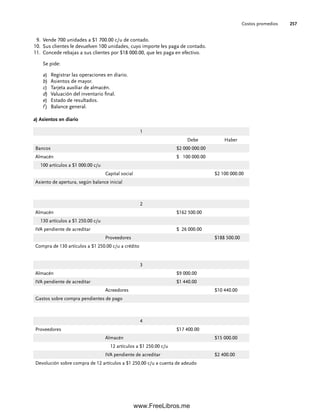 Costos promedios 257
Vende 700 unidades a $1 700.00 c/u de contado.
9.
Sus clientes le devuelven 100 unidades, cuyo importe les paga de contado.
10.
Concede rebajas a sus clientes por $18 000.00, que les paga en efectivo.
11.
Se pide:
a) Registrar las operaciones en diario.
b) Asientos de mayor.
c) Tarjeta auxiliar de almacén.
d) Valuación del inventario final.
e) Estado de resultados.
f ) Balance general.
a) Asientos en diario
1
Debe Haber
Bancos $2 000 000.00
Almacén $ 100 000.00
100 artículos a $1 000.00 c/u
Capital social $2 100 000.00
Asiento de apertura, según balance inicial
2
Almacén $162 500.00
130 artículos a $1 250.00 c/u
IVA pendiente de acreditar $ 26 000.00
Proveedores $188 500.00
Compra de 130 artículos a $1 250.00 c/u a crédito
3
Almacén $9 000.00
IVA pendiente de acreditar $1 440.00
Acreedores $10 440.00
Gastos sobre compra pendientes de pago
4
Proveedores $17 400.00
Almacén $15 000.00
12 artículos a $1 250.00 c/u
IVA pendiente de acreditar $2 400.00
Devolución sobre compra de 12 artículos a $1 250.00 c/u a cuenta de adeudo
07Romero(223-310).indd 257
07Romero(223-310).indd 257 14/7/11 19:10:35
14/7/11 19:10:35
www.FreeLibros.me
 