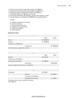 Costos promedios 271
1
Debe Haber
Bancos $2 000 000.00
Almacén $ 100 000.00
100 artículos a $1 000.00 c/u
Capital social $2 100 000.00
Asiento de apertura, según balance inicial
Compra mercancías de contado, 280 unidades a $1 340.00 c/u.
4.
Compra mercancías de contado, 350 unidades a $1 400.00 c/u.
5.
Compra mercancías a crédito, 495 unidades a $1 500.00 c/u.
6.
Vende 700 unidades a $1 700.00 c/u de contado.
7.
Sus clientes le devuelven 100 unidades, cuyo importe les paga de contado.
8.
Concede rebajas a sus clientes por $18 000.00 que les paga en efectivo.
9.
Se pide:
a) Registrar las operaciones en diario.
b) Asientos de mayor.
c) Tarjeta auxiliar de almacén.
d) Valuación del inventario final.
e) Estado de resultados.
f ) Balance general.
a) Asientos en diario
2
Debe Haber
Almacén $162 500.00
130 artículos a $1 250.00 c/u
IVA pendiente de acreditar $ 26 000.00
Proveedores $188 500.00
Compra a crédito de 130 artículos a $1 250.00 c/u
3
Proveedores $17 400.00
Almacén $15 000.00
12 artículos a $1 250.00 c/u
IVA pendiente de acreditar $ 2 400.00
Devolución sobre compra a crédito de 12 artículos
a $1 250.00 c/u
07Romero(223-310).indd 271
07Romero(223-310).indd 271 14/7/11 19:10:37
14/7/11 19:10:37
www.FreeLibros.me
 