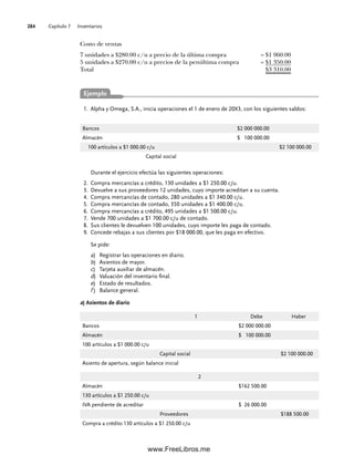 Capítulo 7 Inventarios
284
Alpha y Omega, S.A., inicia operaciones el 1 de enero de 20X3, con los siguientes saldos:
1.
Costo de ventas
7 unidades a $280.00 c/u a precio de la última compra = $1 960.00
5 unidades a $270.00 c/u a precios de la penúltima compra = $1 350.00
Total $3 310.00
1 Debe Haber
Bancos $2 000 000.00
Almacén $ 100 000.00
100 artículos a $1 000.00 c/u
Capital social $2 100 000.00
Asiento de apertura, según balance inicial
2
Almacén $162 500.00
130 artículos a $1 250.00 c/u
IVA pendiente de acreditar $ 26 000.00
Proveedores $188 500.00
Compra a crédito 130 artículos a $1 250.00 c/u
Ejemplo
Durante el ejercicio efectúa las siguientes operaciones:
Compra mercancías a crédito, 130 unidades a $1 250.00 c/u.
2.
Devuelve a sus proveedores 12 unidades, cuyo importe acreditan a su cuenta.
3.
Compra mercancías de contado, 280 unidades a $1 340.00 c/u.
4.
Compra mercancías de contado, 350 unidades a $1 400.00 c/u.
5.
Compra mercancías a crédito, 495 unidades a $1 500.00 c/u.
6.
Vende 700 unidades a $1 700.00 c/u de contado.
7.
Sus clientes le devuelven 100 unidades, cuyo importe les paga de contado.
8.
Concede rebajas a sus clientes por $18 000.00, que les paga en efectivo.
9.
Se pide:
a) Registrar las operaciones en diario.
b) Asientos de mayor.
c) Tarjeta auxiliar de almacén.
d) Valuación del inventario final.
e) Estado de resultados.
f ) Balance general.
a) Asientos de diario
Bancos $2 000 000.00
Almacén $ 100 000.00
100 artículos a $1 000.00 c/u $2 100 000.00
Capital social
07Romero(223-310).indd 284
07Romero(223-310).indd 284 14/7/11 19:10:38
14/7/11 19:10:38
www.FreeLibros.me
 