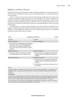 Pagos anticipados 315
Registros, auxiliares, informes
Para lograr una adecuada información sobre los pagos anticipados, es conveniente que en
cada concepto involucrado se lleve cuenta de control particular, con las subcuentas que
sean necesarias.
Como se verá en la sección de normas de presentación, puede darse el caso que exis-
tan pagos anticipados a largo plazo, para los cuales también será necesario emplear una
cuenta en el mayor, teniendo cuidado de incluir la leyenda “a largo plazo”. Estas cuentas
tendrán los mismos movimientos que se indicarán en las cuentas que analizaremos a con-
tinuación, pero haciendo la distinción de que unas se manejarán para el corto y otras para
el largo plazo.
A continuación se exponen solamente algunas cuentas de manera particular. Es im-
portante considerar que cada empresa establecerá tantas cuentas como sea menester para
satisfacer sus necesidades de información, pero teniendo presente que en lo sustancial
tendrán los mismos movimientos y saldos.
Debe + Propaganda y publicidad – Haber
Se carga Se abona
Al iniciar el ejercicio Al iniciar el ejercicio
1. Del importe de su saldo deudor que representa
el precio de costo de la publicidad pagada an-
tes de iniciar una campaña publicitaria que
vaya a servir para lanzar al mercado un nuevo
producto.
Durante el ejercicio Durante el ejercicio
2. Del importe del precio de costo de las eroga-
ciones efectuadas por el concepto anterior.
1. Del importe de la propaganda y publicidad de-
vengada, relativa a los productos lanzados al
mercado.
Al finalizar el ejercicio Al finalizar el ejercicio
2. Del importe de la propaganda y publicidad de-
vengada, relativa a los productos lanzados al
mercado.
3. Del importe de su saldo para saldarla, para cie-
rre de libros.
Saldo
Su saldo es deudor y representa el precio de costo de las campañas publicitarias contratadas por la
entidad para dar a conocer los productos, bienes o servicios que serán lanzados próximamente al
mercado.
Presentación
Se presenta en el estado de posición financiera dentro del activo a corto plazo, después de los inven-
tarios, como parte de los pagos anticipados, cuando el producto que la empresa ofrece al público se
vaya a lanzar al mercado dentro de un periodo de un año o del ciclo financiero a corto plazo.
En caso de que exista una porción de propaganda y publicidad que exceda de un año o el ciclo finan-
ciero a corto plazo, se presentará dentro del activo no circulante.
08Romero(311-332).indd 315
08Romero(311-332).indd 315 14/7/11 22:12:23
14/7/11 22:12:23
www.FreeLibros.me
 