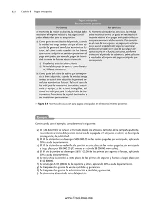 Capítulo 8 Pagos anticipados
322
Pagos anticipados
Reconocimiento posterior
Por bienes Por servicios
Al momento de recibir los bienes, la entidad debe
reconocer el importe relativo a los pagos antici-
pados efectuados para su adquisición:
Al momento de recibir los servicios, la entidad
debe reconocer como un gasto en resultados el
importe relativo a los pagos anticipados efectua-
dos para reconocer dicho servicio. Por ejemplo:
en el caso de los seguros, se pagan por anticipa-
do ya que el propósito del seguro es comprar
protección proactiva en caso de que algún per-
cance ocurra en el futuro; por tanto, conforme
transcurra el periodo de cobertura, debe aplicarse
a resultados el importe del pago anticipado que
corresponda.
a) Como gasto en resultados del periodo, cuando
la entidad no tenga certeza de que el bien ad-
quirido le generará beneficios económicos fu-
turos, tal como suele suceder con los bienes
que se van a adquirir en periodos posteriores al
pago anticipado; por ejemplo, pagos de la enti-
dad a cuenta de futuras adquisiciones de:
i) Papelería y artículos de escritorio.
ii) Material de apoyo de ventas, como literatu-
ra, folletos y muestras.
b) Como parte del rubro de activo que correspon-
da al bien adquirido, cuando la entidad tenga
certeza de que el bien adquirido le generará be-
neficios económicos futuros. Tal es el caso de
los anticipos de inventarios, inmuebles, maqui-
naria y equipo, y de activos intangibles, así
como los anticipos para la adquisición de ins-
trumentos financieros de capital destinados a
ser inversiones permanentes.
Figura 8-4 Normas de valuación para pagos anticipados en el reconocimiento posterior.
Continuando con el ejemplo, consideremos lo siguiente:
a) El 1 de diciembre se lanzan al mercado todos los artículos, tanto los de la campaña publicita-
ria existente al inicio del ejercicio como los de la pagada el 1 de junio, es decir, se devenga la
propaganda y la publicidad.
b) El 31 de diciembre se devengan $696 000.00 de las rentas pagadas por anticipado, aplicando
50% a cada departamento.
c) El 31 de diciembre se reclasifica la porción a corto plazo de las rentas pagadas por anticipado
a largo plazo por $96 000.00 (12 meses a razón de $8 000.00 mensuales).
d) El 31 de diciembre se devengan $878 100.00 de las primas de seguros y fianzas, aplicando
50% a cada departamento.
e) Se reclasifica la porción a corto plazo de las primas de seguros y fianzas a largo plazo por
$160 800.00.
f ) Se devengan $175 000.00 de la papelería y útiles, aplicando 50% a cada departamento.
g) Se traspasan los gastos de venta a pérdidas y ganancias.
h) Se traspasan los gastos de administración a pérdidas y ganancias.
i) Se determina el resultado neto del ejercicio.
Ejemplo
08Romero(311-332).indd 322
08Romero(311-332).indd 322 14/7/11 22:12:24
14/7/11 22:12:24
www.FreeLibros.me
 