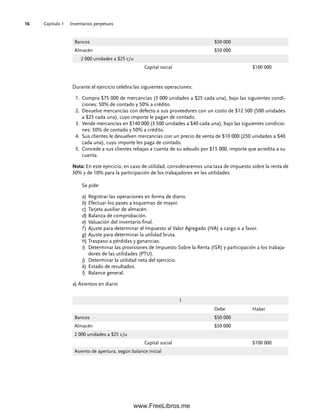Capítulo 1 Inventarios perpetuos
16
Durante el ejercicio celebra las siguientes operaciones:
Compra $75 000 de mercancías (3 000 unidades a $25 cada una), bajo las siguientes condi-
1.
ciones: 50% de contado y 50% a crédito.
Devuelve mercancías con defecto a sus proveedores con un costo de $12 500 (500 unidades
2.
a $25 cada una), cuyo importe le pagan de contado.
Vende mercancías en $140 000 (3 500 unidades a $40 cada una), bajo las siguientes condicio-
3.
nes: 50% de contado y 50% a crédito.
Sus clientes le devuelven mercancías con un precio de venta de $10 000 (250 unidades a $40
4.
cada una), cuyo importe les paga de contado.
Concede a sus clientes rebajas a cuenta de su adeudo por $15 000, importe que acredita a su
5.
cuenta.
Nota: En este ejercicio, en caso de utilidad, consideraremos una tasa de impuesto sobre la renta de
30% y de 10% para la participación de los trabajadores en las utilidades.
Se pide:
a) Registrar las operaciones en forma de diario.
b) Efectuar los pases a esquemas de mayor.
c) Tarjeta auxiliar de almacén.
d) Balanza de comprobación.
e) Valuación del inventario final.
f ) Ajuste para determinar el Impuesto al Valor Agregado (IVA) a cargo o a favor.
g) Ajuste para determinar la utilidad bruta.
h) Traspaso a pérdidas y ganancias.
i) Determinar las provisiones de Impuesto Sobre la Renta (ISR) y participación a los trabaja-
dores de las utilidades (PTU).
j) Determinar la utilidad neta del ejercicio.
k) Estado de resultados.
l) Balance general.
a) Asientos en diario
Bancos $50 000
Almacén $50 000
2 000 unidades a $25 c/u
Capital social $100 000
1
Debe Haber
Bancos $50 000
Almacén $50 000
2 000 unidades a $25 c/u
Capital social $100 000
Asiento de apertura, según balance inicial
01Romero(001-028).indd 16
01Romero(001-028).indd 16 14/7/11 13:56:18
14/7/11 13:56:18
www.FreeLibros.me
 