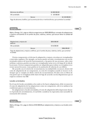 Normas de valuación 359
Ciertos componentes, al efectuar la adaptación o mejora, necesitan ser reemplazados
a intervalos regulares. Por ejemplo, un horno puede necesitar revestimientos tras un de-
terminado número de horas de funcionamiento, o las partes de una aeronave, tales como
turbinas o asientos, pueden necesitar ser reemplazadas varias veces a lo largo de la vida de
la aeronave. Ciertos componentes pueden ser adquiridos para realizar un reemplazo recu-
rrente menos frecuente, como podría ser la sustitución de tuberías de un edificio.
De acuerdo con el criterio de reconocimiento, la entidad debe reconocer, dentro del
costo de adquisición de un componente, su costo de reemplazo cuando se incurre en él,
siempre que se cumpla con dicho criterio de reconocimiento. El valor neto en libros de
esas partes que se reemplazan debe darse de baja de acuerdo con las disposiciones que al
respecto contiene esta NIF.
Locales arrendados
En el caso de locales arrendados a los cuales se les hacen adaptaciones, debe reconocerse
el costo de adquisición de las adaptaciones como un componente, sólo si se satisfacen las
condiciones para su reconocimiento.
En adaptaciones a locales arrendados, el costo de adquisición debe depreciarse duran-
te el periodo de arrendamiento, el cual debe considerar la expectativa más razonable de
renovación del contrato.
Adiciones de edificios $2 000 000.00
IVA acreditable $ 320 000.00
Bancos $2 320 000.00
Pago de adiciones al edificio, por la construcción de un nivel de oficinas, que aumentan la cantidad
Adaptaciones y mejoras de
edificios
$850 000.00
IVA acreditable $136 000.00
Bancos $986 000.00
Pago de adaptaciones y mejoras a edificios, por el cambio de pisos, tuberías y techo, que aumentan
la calidad
Alpha y Omega, S.A., paga en efectivo erogaciones por $850 000.00 por concepto de adaptaciones
y mejoras consistentes en el cambio de pisos, tuberías y techos, que buscan elevar la calidad del
edificio.
Alpha y Omega, S.A., paga en efectivo $350 000.00 por adaptaciones y mejoras a sus locales arren-
dados.
Ejemplo
Ejemplo
OA3
OA3
09Romero(333-398).indd 359
09Romero(333-398).indd 359 14/7/11 22:28:07
14/7/11 22:28:07
www.FreeLibros.me
 