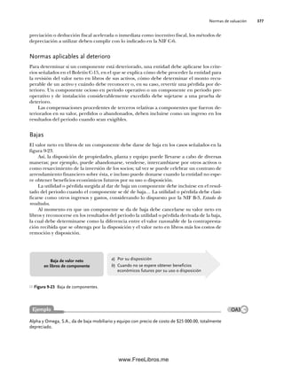 Normas de valuación 377
preciación o deducción fiscal acelerada o inmediata como incentivo fiscal, los métodos de
depreciación a utilizar deben cumplir con lo indicado en la NIF C-6.
Normas aplicables al deterioro
Para determinar si un componente está deteriorado, una entidad debe aplicarse los crite-
rios señalados en el Boletín C-15, en el que se explica cómo debe proceder la entidad para
la revisión del valor neto en libros de sus activos, cómo debe determinar el monto recu-
perable de un activo y cuándo debe reconocer o, en su caso, revertir una pérdida por de-
terioro. Un componente ocioso en periodo operativo o un componente en periodo pre-
operativo y de instalación considerablemente excedido debe sujetarse a una prueba de
deterioro.
Las compensaciones procedentes de terceros relativas a componentes que fueron de-
teriorados en su valor, perdidos o abandonados, deben incluirse como un ingreso en los
resultados del periodo cuando sean exigibles.
Bajas
El valor neto en libros de un componente debe darse de baja en los casos señalados en la
figura 9-23.
Así, la disposición de propiedades, planta y equipo puede llevarse a cabo de diversas
maneras; por ejemplo, puede abandonarse, venderse, intercambiarse por otros activos o
como resarcimiento de la inversión de los socios; tal vez se puede celebrar un contrato de
arrendamiento financiero sobre ésta, e incluso puede donarse cuando la entidad no espe-
re obtener beneficios económicos futuros por su uso o disposición.
La utilidad o pérdida surgida al dar de baja un componente debe incluirse en el resul-
tado del periodo cuando el componente se dé de baja… La utilidad o pérdida debe clasi-
ficarse como otros ingresos y gastos, considerando lo dispuesto por la NIF B-3, Estado de
resultados.
Al momento en que un componente se da de baja debe cancelarse su valor neto en
libros y reconocerse en los resultados del periodo la utilidad o pérdida derivada de la baja,
la cual debe determinarse como la diferencia entre el valor razonable de la contrapresta-
ción recibida que se obtenga por la disposición y el valor neto en libros más los costos de
remoción y disposición.
a) Por su disposición
b) Cuando no se espere obtener beneficios
económicos futuros por su uso o disposición
Baja de valor neto
en libros de componente
Figura 9-23 Baja de componentes.
Alpha y Omega, S.A., da de baja mobiliario y equipo con precio de costo de $25 000.00, totalmente
depreciado.
Ejemplo OA3
09Romero(333-398).indd 377
09Romero(333-398).indd 377 14/7/11 22:28:08
14/7/11 22:28:08
www.FreeLibros.me
 