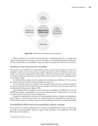 Normas de revelación 385
Deben revelarse los criterios seleccionados por la administración de la entidad para
aplicar la depreciación; así como si se ha reconocido en el resultado del periodo la deprecia-
ción de ese periodo en su totalidad o si parte de ella forma parte del costo de otros activos.
Cambios en las estimaciones contables
De acuerdo con la NIF B-1, la entidad debe revelar el monto, la naturaleza y el efecto de
cualquier cambio en las estimaciones contables siguientes: valores residuales, costos aso-
ciados con retiro de componentes, vidas útiles y métodos de depreciación, siempre y cuan-
do tengan incidencia importante en el periodo actual o vayan a tenerla en periodos poste-
riores (figura 9-28).
La entidad debe cumplir con las revelaciones señaladas por el Boletín C-15 en el caso
de componentes que hayan sufrido pérdidas por deterioro.
Se recomienda, más no se requiere a las entidades, presentar las revelaciones siguien-
tes, que los usuarios de los estados financieros pueden encontrar relevantes para cubrir sus
necesidades de información (figura 9-29).
Las entidades deben cumplir con las revelaciones señaladas en la NIF D-6, en el caso
del RIF devengado, capitalizado en el costo de adquisición de componentes en curso de
construcción durante el periodo de adquisición.
Cuando la capacidad no utilizada en las propiedades, planta y equipo sea importante,
debe indicarse a través de las notas a los estados financieros, señalando la razón de la so-
breinversión existente y los planes futuros de la entidad para eliminar esa improductividad.
Contabilidad inflacionaria de propiedades, planta y equipo
En el caso de un entorno inflacionario en el que una entidad deba reconocer cifras reex-
presadas21
para propiedades, planta y equipo, debe atenderse a lo establecido en la NIF
B-10, Efectos de la inflación.
Figura 9-28 Revelaciones de cambio en las estimaciones.
Valores
residuales
Métodos de
depreciación
Según la NIF B-1
se debe revelar
Costos
asociados
con retiro de
componentes
Vidas útiles
21
Reexpresión no significa valuación.
09Romero(333-398).indd 385
09Romero(333-398).indd 385 14/7/11 22:28:09
14/7/11 22:28:09
www.FreeLibros.me
 