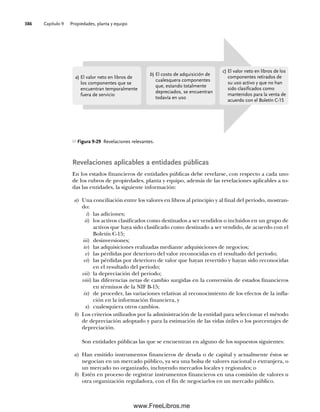 Capítulo 9 Propiedades, planta y equipo
386
Revelaciones aplicables a entidades públicas
En los estados financieros de entidades públicas debe revelarse, con respecto a cada uno
de los rubros de propiedades, planta y equipo, además de las revelaciones aplicables a to-
das las entidades, la siguiente información:
a) Una conciliación entre los valores en libros al principio y al final del periodo, mostran-
do:
i) las adiciones;
ii) los activos clasificados como destinados a ser vendidos o incluidos en un grupo de
activos que haya sido clasificado como destinado a ser vendido, de acuerdo con el
Boletín C-15;
iii) desinversiones;
iv) las adquisiciones realizadas mediante adquisiciones de negocios;
v) las pérdidas por deterioro del valor reconocidas en el resultado del periodo;
vi) las pérdidas por deterioro de valor que hayan revertido y hayan sido reconocidas
en el resultado del periodo;
vii) la depreciación del periodo;
viii) las diferencias netas de cambio surgidas en la conversión de estados financieros
en términos de la NIF B-15;
ix) de proceder, las variaciones relativas al reconocimiento de los efectos de la infla-
ción en la información financiera, y
x) cualesquiera otros cambios.
b) Los criterios utilizados por la administración de la entidad para seleccionar el método
de depreciación adoptado y para la estimación de las vidas útiles o los porcentajes de
depreciación.
Son entidades públicas las que se encuentran en alguno de los supuestos siguientes:
a) Han emitido instrumentos financieros de deuda o de capital y actualmente éstos se
negocian en un mercado público, ya sea una bolsa de valores nacional o extranjera, o
un mercado no organizado, incluyendo mercados locales y regionales; o
b) Estén en proceso de registrar instrumentos financieros en una comisión de valores u
otra organización reguladora, con el fin de negociarlos en un mercado público.
Figura 9-29 Revelaciones relevantes.
a) El valor neto en libros de
los componentes que se
encuentran temporalmente
fuera de servicio
b) El costo de adquisición de
cualesquera componentes
que, estando totalmente
depreciados, se encuentran
todavía en uso
c) El valor neto en libros de los
componentes retirados de
su uso activo y que no han
sido clasificados como
mantenidos para la venta de
acuerdo con el Boletín C-15
09Romero(333-398).indd 386
09Romero(333-398).indd 386 14/7/11 22:28:09
14/7/11 22:28:09
www.FreeLibros.me
 