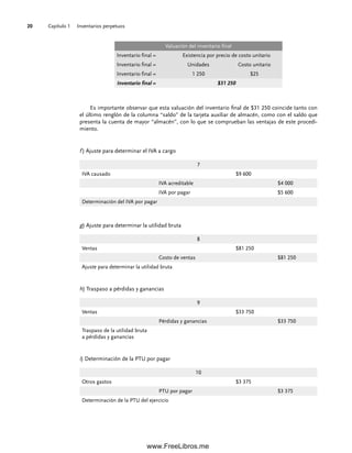 Capítulo 1 Inventarios perpetuos
20
Valuación del inventario final
Inventario final = Existencia por precio de costo unitario
Inventario final = Unidades Costo unitario
Inventario final = 1 250 $25
Inventario final = $31 250
Es importante observar que esta valuación del inventario final de $31 250 coincide tanto con
el último renglón de la columna “saldo” de la tarjeta auxiliar de almacén, como con el saldo que
presenta la cuenta de mayor “almacén”, con lo que se comprueban las ventajas de este procedi-
miento.
f ) Ajuste para determinar el IVA a cargo
7
IVA causado $9 600
IVA acreditable $4 000
IVA por pagar $5 600
Determinación del IVA por pagar
g) Ajuste para determinar la utilidad bruta
8
Ventas $81 250
Costo de ventas $81 250
Ajuste para determinar la utilidad bruta
h) Traspaso a pérdidas y ganancias
9
Ventas $33 750
Pérdidas y ganancias $33 750
Traspaso de la utilidad bruta
a pérdidas y ganancias
i) Determinación de la PTU por pagar
10
Otros gastos $3 375
PTU por pagar $3 375
Determinación de la PTU del ejercicio
01Romero(001-028).indd 20
01Romero(001-028).indd 20 14/7/11 13:56:19
14/7/11 13:56:19
www.FreeLibros.me
 