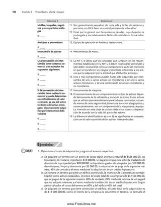 Capítulo 9 Propiedades, planta y equipo
392
Determine el costo de adquisición y registre el asiento respectivo.
1.
a) Se adquiere un terreno con un precio de costo según escritura notarial de $625 000.00, los
honorarios del notario importaron $33 000.00, se pagaron impuestos sobre la traslación de
dominio de la propiedad por $20 000.00, se liquidaron gastos de abogados por $10 000.00,
demoliciones, limpia y desmonte por $3 000.00, la adquisición se paga de la siguiente ma-
nera, 45% de contado y el resto mediante la adquisición de un crédito hipotecario.
b) Se compra un terreno que tiene un edificio construido, la intención de la empresa es contabi-
lizarlos como activos separados, el precio de costo total de la compra es de $12 500 000.00,
que se pagan de la siguiente manera: 40% de contado, 20% mediante la firma de un pagaré
que no estipula intereses y el resto mediante la obtención de un crédito hipotecario. Según
perito valuador, el costo del terreno es 60% y del edificio 40% del total.
c) Se adquiere un terreno que tiene construido un edificio, el costo total de la adquisición es
de $14 000 000.00, como el interés de la empresa es solamente el terreno, se demuele el
Columna 1 Columna 2
Moldes, troqueles, negati-
vos y otras partidas análo-
gas
R. ____
11. Son generalmente pequeñas, de corta vida y fáciles de perderse y,
por tanto, es difícil llevar un control permanente sobre ellas.
12. Éstas por lo general son herramientas pesadas, cuya duración es
prolongada y son relativamente fáciles de controlar en forma indivi-
dual.
Anticipos a proveedores
R. ____
13. Equipo de operación en hoteles y restaurantes.
Intercambio de activos
R. ____
14. Herramientas de mano.
Una transacción de inter-
cambio tiene sustancia co-
mercial si se cumplen los
supuestos siguientes:
R. ____
R. ____
R. ____
15. La NIF C-6 señala que los conceptos que cumplan con los requeri-
mientos establecidos en la NIF C-5 deben reconocerse como tales y
sólo deben reconocerse como un componente a partir del momento
en que se transfieren los riesgos y beneficios inherentes a los acti-
vos que se adquieren por la entidad que efectuó los anticipos.
16. Uno o más componentes pueden haber sido adquiridos por inter-
cambio de uno o varios activos no monetarios o de uno o varios
activos monetarios, o de una combinación de activos monetarios y
no monetarios.
Si la transacción de inter-
cambio tiene sustancia co-
mercial y puede determinar-
se confiablemente el valor
razonable, ya sea del activo
recibido o del activo entre-
gado, el componente adqui-
rido por intercambio debe
valuarse
R. ____
R. ____
R. ____
17. Herramientas de máquina.
18. El reconocimiento de un componente en este tipo de activos depen-
de básicamente de la utilización y duración de éstos. Estos activos
que se utilizan permanentemente para trabajos constantes, o cuan-
do menos de cierta regularidad, tienen una duración a largo plazo y,
consecuentemente, son un componente de la maquinaria y equipo.
La inversión en esta clase de activos debe estar sujeta a deprecia-
ción de acuerdo con la vida útil que se les estime.
19. La diferencia identificada en a) o en b) es significativa en compara-
ción con el valor razonable de los activos intercambiados.
OA3
09Romero(333-398).indd 392
09Romero(333-398).indd 392 14/7/11 22:28:09
14/7/11 22:28:09
www.FreeLibros.me
 