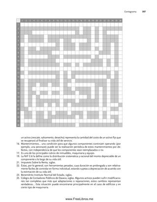 Contagrama 397
un activo (rescate, salvamento, desecho) representa la cantidad del costo de un activo fijo que
se recuperará al finalizar su vida útil de servicio.
Mantenimientos… una condición para que algunos componentes continúen operando (por
16.
ejemplo, una aeronave) puede ser la realización periódica de estos mantenimientos por de-
fectos, con independencia de que los componentes sean reemplazados o no.
Es uno de los principales rubros de inmuebles, maquinaria y equipo.
17.
La NIF C-6 la define como la distribución sistemática y racional del monto depreciable de un
19.
componente a lo largo de su vida útil.
Impuesto Sobre la Renta, siglas.
21.
Éstas, por lo general, son herramientas pesadas, cuya duración es prolongada y son relativa-
22.
mente fáciles de controlar en forma individual, estando sujetas a depreciación de acuerdo con
la estimación de su vida útil.
Benemérito Instituto Normal del Estado, siglas.
23.
Colegio de Contadores Públicos de Oaxaca, siglas. Algunos activos pueden sufrir modificacio-
25.
nes tan completas que más que adaptaciones o reparaciones, estos cambios representan
verdaderas… Esta situación puede encontrarse principalmente en el caso de edificios y en
cierto tipo de maquinaria.
1 2 3 4 5 6 7 8 9 10 11 12 13 14 15 16 17 18 19 20 21 22 23 24 25 26
1
2
3
4
5
6
7
8
9
10
11
12
13
14
15
16
17
18
19
20
21
22
23
24
25
26
09Romero(333-398).indd 397
09Romero(333-398).indd 397 14/7/11 22:28:10
14/7/11 22:28:10
www.FreeLibros.me
 