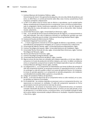 Capítulo 9 Propiedades, planta y equipo
398
Verticales
Instituto Mexicano de Contadores Públicos, siglas.
1.
Herramientas de mano 2. Son generalmente pequeñas, de corta vida y fáciles de perderse y, por
tanto, es difícil llevar un control permanente sobre ellas; estas mismas características hacen
impráctico someterlas a depreciación.
La NIF C-6 lo define como el monto neto en efectivo o equivalentes, que la entidad podría
4.
obtener actualmente por la disposición de un componente, como si el activo ya hubiera alcan-
zado la antigüedad y demás condiciones esperadas al término de su vida útil, después de
haber deducido los costos derivados de su enajenación o de su intercambio. Valor residual,
rescate, salvamento…
Universidad Veracruzana, siglas. Universidad Euro Americana, siglas.
5.
Vida … es su periodo de servicio para la entidad particular de negocios, no necesariamente su
7.
vida total esperada. Esta vida se determina teniendo en consideración periodos que sean
justificados y relevantes para la entidad. International Acounting Standard Board, siglas.
Instituto de Estudios de Administración Pública.
8.
Resultado Integral de Financiamiento, siglas.
9.
… o monto original de la inversión
11. es el monto pagado de efectivo o equivalentes, o el valor
razonable de la contraprestación entregada, por un activo al momento de su adquisición.
Universidad del Valle de Tlaxcala, siglas. Universidad Autónoma Metropolitana, siglas.
13.
Instituto Tecnológico de Irapuato, siglas. Universidad Autónoma de Guadalajara, siglas.
14.
Universidad Técnica Particular de Loja, siglas. Universidad Ibero Americana, siglas. Instituto
15.
Tecnológico de Tehuacán, siglas.
Normas de Información Financiera, siglas.
16.
Instituto Tecnológico de Aguascalientes, siglas.
17.
Universidad Nacional Autónoma de México, siglas, invertido.
18.
Algunos activos de esta clase son utilizados para trabajos especiales y, en tal caso, deben re-
19.
conocerse en el costo de producción de dichos trabajos y, por tanto, no deben considerarse
como un componente, aunque tal vez se repitan los trabajos especiales en que son utilizados.
Instituto Mexicano del Seguro Social, siglas, invertido.
Las adaptaciones o… a un componente son desembolsos que tienen el efecto de aumentar el
21.
valor del componente existente, ya sea porque aumentan su capacidad de servicio, su eficien-
cia, prolongan su vida útil o ayudan a reducir sus costos de operación futuros. Un componen-
te ocioso en periodo operativo o un componente en periodo preoperativo y de instalación
considerablemente excedido deben sujetarse a una prueba de…
Colegio de Contadores Públicos de Querétaro.
22.
Monto… es el costo de adquisición de un componente menos su valor residual y, en su caso,
23.
las pérdidas por deterioro acumuladas.
En el método del… las compras originales se reconocen como un componente de activo. Las
24.
reposiciones se reconocen en resultados. El saldo del componente representa en forma
aproximada la inversión permanente en este tipo de activos.
En el método de… las compras se reconocen como un componente de activo, sin mantener
26.
controles individuales de existencias. Periódicamente, al menos una vez cada periodo, al cie-
rre del ejercicio o a una fecha cercana, se practican éstos, con el resultado ajustado el saldo
de la cuenta relativa, reconociendo cualquier diferencia en resultados. Impuesto Empresarial
a Tasa Única, siglas.
09Romero(333-398).indd 398
09Romero(333-398).indd 398 14/7/11 22:28:10
14/7/11 22:28:10
www.FreeLibros.me
 