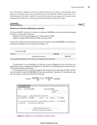 Normas de valuación 427
En este asiento no se contabilizan los intereses, ya que la obligación en este momento es el
pago del principal, y la obligación del pago de los intereses se irá devengando por cada día transcu-
rrido durante la vigencia del crédito.
Para el registro de los intereses devengados del 1 de julio al 31 de diciembre de 20X1, tomare-
mos como base el capital de $200 000 el tiempo transcurrido del 1 de julio al 31 de diciembre, que
son seis meses, y la tasa de interés de 5% mensual.
Interés =
$200 000 × 5 × 6
100
=
$6 000 000
100
= $60 000
mún. Para ello se utiliza la cuenta Acreedores bancarios, con base en el postulado de la
sustancia económica, pues aun cuando la forma sea un título de crédito, la sustancia es un
financiamiento. Es mejor emplear la cuenta de documentos por pagar en el caso de otras
adquisiciones de bienes o servicios garantizadas mediante títulos de crédito.
Préstamos con intereses establecidos por separado:
El 1 de julio de 20X1 se solicita a un banco un crédito por $200 000 a ocho meses y el banco estipula
intereses a una tasa de 5% mensual.
Registrar los intereses devengados al 31 de diciembre de 20X1.
Registrar el pago al 28 de febrero de 20X1 (al octavo mes).
En este caso, el documento firmado al banco es por un valor nominal de $200 000 y los intereses se
estipulan por separado, como se aprecia en la figura 11-7.
1
1 de julio de 20X1
Bancos $200 000
Acreedores bancarios $200 000
Por el préstamo recibido a ocho meses, con intereses de 5% mensual
Ejemplo OA4
Fecha Capital $
(Nombre y firma del suscriptor)
Intereses $
Total $
Debo y pagaré a
la cantidad de $ , el día de de .
La suma que ampara este título causará intereses a razón de %
y a razón de % anual en caso de mora.
PAGARÉ
1 de julio de 20X1 200 000
200 000 1
5 mensual
marzo 20X2
Banco Comercial, S.A. de C.V.
Alpha y Omega, S.A. de C.V.
Figura 11-7 Pagaré sin incluir intereses en el valor nominal.
11Romero(417-456).indd 427
11Romero(417-456).indd 427 14/7/11 22:43:04
14/7/11 22:43:04
www.FreeLibros.me
 