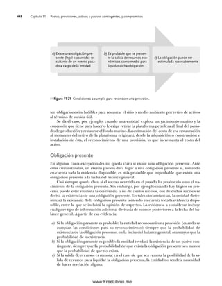 Capítulo 11 Pasivo, provisiones, activos y pasivos contingentes, y compromisos
448
ten obligaciones ineludibles para restaurar el sitio o medio ambiente por retiro de activos
al término de su vida útil.
Se da el caso, por ejemplo, cuando una entidad explota un yacimiento marino y la
concesión que tiene para hacerlo le exige retirar la plataforma petrolera al final del perio-
do de producción y restaurar el fondo marino. La estimación del costo de esa restauración
al momento del retiro de la plataforma originará, desde la adquisición o construcción e
instalación de ésta, el reconocimiento de una provisión, lo que incrementa el costo del
activo.
Obligación presente
En algunos casos excepcionales no queda claro si existe una obligación presente. Ante
estas circunstancias, un evento pasado dará lugar a una obligación presente si, tomando
en cuenta toda la evidencia disponible, es más probable que improbable que exista una
obligación presente a la fecha del balance general.
Casi siempre queda claro si el suceso ocurrido en el pasado ha producido o no el na-
cimiento de la obligación presente. Sin embargo, por ejemplo cuando hay litigios en pro-
ceso, puede estar en duda la ocurrencia o no de ciertos sucesos, o si de dichos sucesos se
deriva la existencia de una obligación presente. En tales circunstancias, la entidad deter-
minará la existencia de la obligación presente teniendo en cuenta toda la evidencia dispo-
nible, entre la que se incluirá la opinión de expertos. La evidencia a considerar incluye
cualquier tipo de información adicional derivada de sucesos posteriores a la fecha del ba-
lance general. A partir de esa evidencia:
a) Si la obligación presente es probable: la entidad reconocerá una provisión (cuando se
cumplan las condiciones para su reconocimiento) siempre que la probabilidad de
existencia de la obligación presente, en la fecha del balance general, sea mayor que la
probabilidad de inexistencia.
b) Si la obligación presente es posible: la entidad revelará la existencia de un pasivo con-
tingente, siempre que la probabilidad de que exista la obligación presente sea menor
que la probabilidad de que no exista.
c) Si la salida de recursos es remota: en el caso de que sea remota la posibilidad de la sa-
lida de recursos para liquidar la obligación presente, la entidad no tendría necesidad
de hacer revelación alguna.
a) Existe una obligación pre-
sente (legal o asumida) re-
sultante de un evento pasa-
do a cargo de la entidad
b) Es probable que se presen-
te la salida de recursos eco-
nómicos como medio para
liquidar dicha obligación
c) La obligación puede ser
estimulada razonablemente
Figura 11-21 Condiciones a cumplir para reconocer una provisión.
11Romero(417-456).indd 448
11Romero(417-456).indd 448 14/7/11 22:43:06
14/7/11 22:43:06
www.FreeLibros.me
 