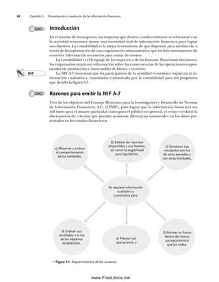 Capítulo 3 Presentación y revelación de la información financiera
62
Introducción
En el mundo de los negocios, las empresas que directa o indirectamente se relacionan con
la actividad económica tienen una necesidad vital de información financiera para lograr
sus objetivos. La contabilidad es la mejor herramienta de que disponen para satisfacerla, a
través de la implantación de una organización administrativa, que incluye instrumentos de
control e información necesarios para tomar decisiones.
La contabilidad es el lenguaje de los negocios o de las finanzas. Para tomar decisiones,
los empresarios requieren información sobre las consecuencias de las operaciones empre-
sariales de producción e intercambio de bienes y servicios.
La NIF A-7 menciona que los participantes de la actividad económica requieren la in-
formación cualitativa y cuantitativa comunicada por la contabilidad para los propósitos
que detalla la figura 3-1.
Razones para emitir la NIF A-7
Uno de los objetivos del Consejo Mexicano para la Investigación y Desarrollo de Normas
de Información Financiera, A.C. (CINIF), para lograr que la información financiera sea
útil tanto para el usuario particular como para el público en general, es evitar o reducir la
discrepancia de criterios que puedan ocasionar diferencias sustanciales en los datos pre-
sentados en los estados financieros.
NIF
Figura 3-1 Requerimientos de los usuarios.
OA1
a) Observar y evaluar
el comportamiento
de las entidades,
c) Comparar sus
resultados con los
de otros periodos y
con otras entidades,
d) Evaluar sus
resultados a la luz
de los objetivos
establecidos,
f) Estimar su futuro
dentro del marco
socioeconómico
que las rodea.
b) Evaluar los recursos
disponibles y sus fuentes,
así como la exigibilidad
para liquidarlos,
Se requiere información
cualitativa y
cuantitativa para:
e) Planear sus
operaciones, y
OA2
03Romero(061-078).indd 62
03Romero(061-078).indd 62 14/7/11 14:05:48
14/7/11 14:05:48
www.FreeLibros.me
 