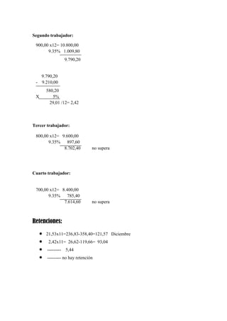 Segundo trabajador:
900,00 x12= 10.800,00
9.35% 1.009,80
9.790,20

9.790,20
- 9.210,00
X

580,20
5%
29,01 /12= 2,42

Tercer trabajador:
800,00 x12= 9.600,00
9.35% 897,60
8.702,40

no supera

Cuarto trabajador:

700,00 x12= 8.400,00
9.35% 785,40
7.614,60

no supera

Retenciones:
21,53x11=236,83-358,40=121,57 Diciembre
2,42x11= 26,62-119,66= 93,04
--------- 5,44
--------- no hay retención

 