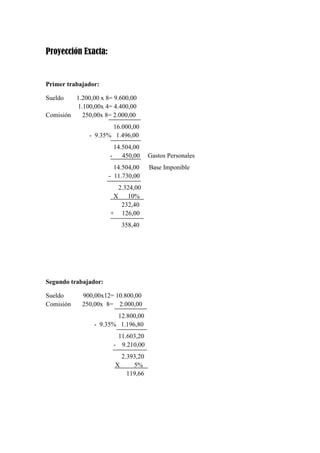 Proyección Exacta:

Primer trabajador:
Sueldo

1.200,00 x 8= 9.600,00
1.100,00x 4= 4.400,00
Comisión
250,00x 8= 2.000,00
16.000,00
- 9.35% 1.496,00
14.504,00
- 450,00
14.504,00
- 11.730,00
2.324,00
X 10%
232,40
+ 126,00
358,40

Segundo trabajador:
Sueldo
Comisión

900,00x12= 10.800,00
250,00x 8= 2.000,00
12.800,00
- 9.35% 1.196,80
11.603,20
- 9.210,00
2.393,20
X
5%
119,66

Gastos Personales
Base Imponible

 