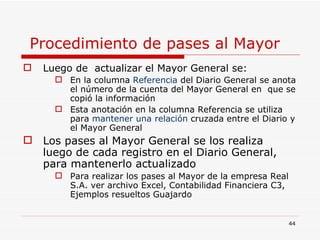 Procedimiento de pases al Mayor  Luego de  actualizar el Mayor General se: En la columna  Referencia  del Diario General se anota el número de la cuenta del Mayor General en  que se copió la información  Esta anotación en la columna Referencia se utiliza para  mantener una relación  cruzada entre el Diario y el Mayor General Los pases al Mayor General se los realiza  luego de cada registro en el Diario General, para mantenerlo actualizado Para realizar los pases al Mayor de la empresa Real S.A. ver archivo Excel, Contabilidad Financiera C3, Ejemplos resueltos Guajardo 