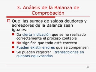 3. Análisis de la Balanza de Comprobación Que  las sumas de saldos deudores y acreedores de la Balanza sean iguales: Da  cierta indicación  que se ha realizado correctamente el proceso contable No  significa que todo esté correcto  Pueden existir errores  que se compensen Se pueden registrar  transacciones en cuentas equivocadas 