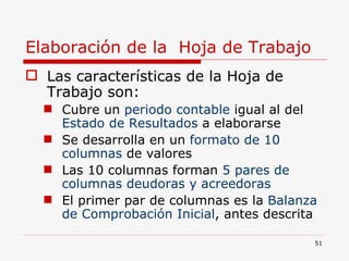 Elaboración de la  Hoja de Trabajo Las características de la Hoja de Trabajo son: Cubre un  periodo contable  igual al del  Estado de Resultados  a elaborarse Se desarrolla en un  formato de 10 columnas  de valores Las 10 columnas forman  5 pares de columnas deudoras y acreedoras El primer par de columnas es la  Balanza de Comprobación Inicial , antes descrita  
