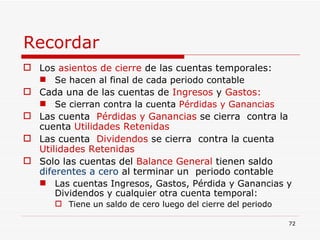 Recordar Los  asientos de cierre  de las cuentas temporales: Se hacen al final de cada periodo contable Cada una de las cuentas de  Ingresos  y  Gastos: Se cierran contra la cuenta  Pérdidas y Ganancias Las cuenta  Pérdidas y Ganancias  se cierra  contra la cuenta  Utilidades Retenidas Las cuenta  Dividendos  se cierra  contra la cuenta  Utilidades Retenidas Solo las cuentas del  Balance General  tienen saldo   diferentes a cero   al terminar un  periodo contable Las cuentas Ingresos, Gastos, Pérdida y Ganancias y Dividendos y cualquier otra cuenta temporal: Tiene un saldo de cero luego del cierre del periodo 