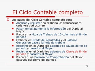 El Ciclo Contable completo Los pasos del Ciclo Contable completo son: Analizar y registrar  en el Diario las transacciones cada vez que ocurran Pasar inmediatamente la información  del Diario al Mayor Preparar la  Hoja de Trabajo de 10 columnas al fin de periodo Elaborar el  Estado de Resultados  y el  Balance General en base a la hoja de trabajo Registrar  en el Diario los  asientos de Ajuste de fin de periodo  y  pasarlos al Mayor Registrar  en el Diario los  asientos de  Cierre de fin de periodo  y  pasarlos al Mayor Preparar una  Balanza de Comprobación  del Mayor, después del cierre del periodo 