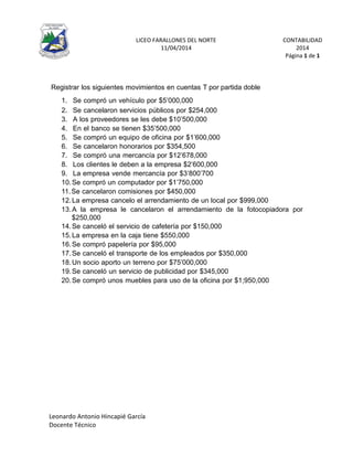 LICEO FARALLONES DEL NORTE 
11/04/2014 
CONTABILIDAD 
2014 
Página 1 de 1 
Registrar los siguientes movimientos en cuentas T por partida doble 
1. Se compró un vehículo por $5’000,000 
2. Se cancelaron servicios públicos por $254,000 
3. A los proveedores se les debe $10’500,000 
4. En el banco se tienen $35’500,000 
5. Se compró un equipo de oficina por $1’600,000 
6. Se cancelaron honorarios por $354,500 
7. Se compró una mercancía por $12’678,000 
8. Los clientes le deben a la empresa $2’600,000 
9. La empresa vende mercancía por $3’800’700 
10.Se compró un computador por $1’750,000 
11.Se cancelaron comisiones por $450,000 
12.La empresa cancelo el arrendamiento de un local por $999,000 
13.A la empresa le cancelaron el arrendamiento de la fotocopiadora por 
$250,000 
14.Se canceló el servicio de cafetería por $150,000 
15.La empresa en la caja tiene $550,000 
16.Se compró papelería por $95,000 
17.Se canceló el transporte de los empleados por $350,000 
18.Un socio aporto un terreno por $75’000,000 
19.Se canceló un servicio de publicidad por $345,000 
20.Se compró unos muebles para uso de la oficina por $1;950,000 
Leonardo Antonio Hincapié García 
Docente Técnico 
