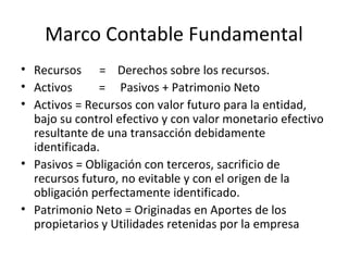 Marco Contable Fundamental Recursos  =  Derechos sobre los recursos. Activos  =  Pasivos + Patrimonio Neto Activos = Recursos con valor futuro para la entidad, bajo su control efectivo y con valor monetario efectivo resultante de una transacción debidamente identificada. Pasivos = Obligación con terceros, sacrificio de recursos futuro, no evitable y con el origen de la obligación perfectamente identificado. Patrimonio Neto = Originadas en Aportes de los propietarios y Utilidades retenidas por la empresa 