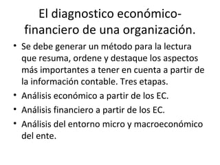 El diagnostico económico-financiero de una organización. Se debe generar un método para la lectura que resuma, ordene y destaque los aspectos más importantes a tener en cuenta a partir de la información contable. Tres etapas. Análisis económico a partir de los EC. Análisis financiero a partir de los EC. Análisis del entorno micro y macroeconómico del ente. 