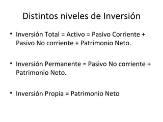 Distintos niveles de Inversión Inversión Total = Activo = Pasivo Corriente + Pasivo No corriente + Patrimonio Neto. Inversión Permanente = Pasivo No corriente + Patrimonio Neto. Inversión Propia = Patrimonio Neto 