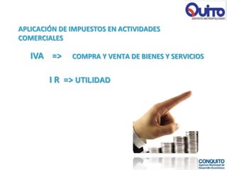 APLICACIÓN DE IMPUESTOS EN ACTIVIDADES
COMERCIALES

   IVA =>     COMPRA Y VENTA DE BIENES Y SERVICIOS


        I R => UTILIDAD
 