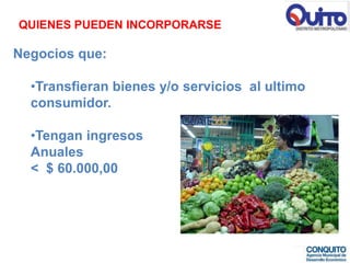 QUIENES PUEDEN INCORPORARSE

Negocios que:

  •Transfieran bienes y/o servicios al ultimo
  consumidor.

  •Tengan ingresos
  Anuales
  < $ 60.000,00
 