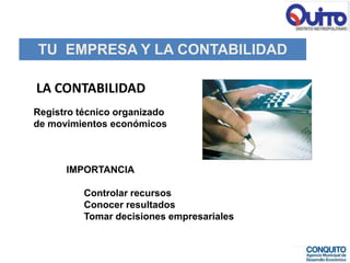 TU EMPRESA Y LA CONTABILIDAD

LA CONTABILIDAD
Registro técnico organizado
de movimientos económicos



      IMPORTANCIA

          Controlar recursos
          Conocer resultados
          Tomar decisiones empresariales
 