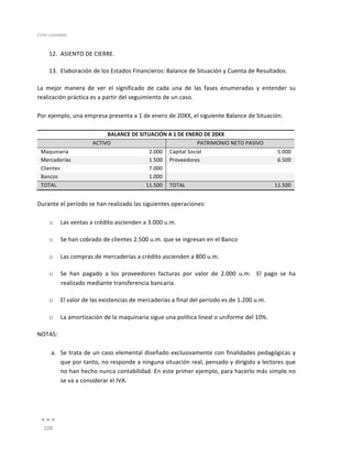 Ciclo	
  contable	
  
	
  
108	
  
	
  
12. ASIENTO	
  DE	
  CIERRE.	
  
13. Elaboración	
  de	
  los	
  Estados	
  Financieros:	
  Balance	
  de	
  Situación	
  y	
  Cuenta	
  de	
  Resultados.	
  
La	
   mejor	
   manera	
   de	
   ver	
   el	
   significado	
   de	
   cada	
   una	
   de	
   las	
   fases	
   enumeradas	
   y	
   entender	
   su	
  
realización	
  práctica	
  es	
  a	
  partir	
  del	
  seguimiento	
  de	
  un	
  caso.	
  
	
  
Por	
  ejemplo,	
  una	
  empresa	
  presenta	
  a	
  1	
  de	
  enero	
  de	
  20XX,	
  el	
  siguiente	
  Balance	
  de	
  Situación.	
  
	
  
BALANCE	
  DE	
  SITUACIÓN	
  A	
  1	
  DE	
  ENERO	
  DE	
  20XX	
  
ACTIVO	
   PATRIMONIO	
  NETO	
  PASIVO	
  
Maquinaria	
   2.000	
   Capital	
  Social	
   5.000	
  
Mercaderías	
   1.500	
   Proveedores	
   6.500	
  
Clientes	
   7.000	
   	
   	
  
Bancos	
   1.000	
   	
   	
  
TOTAL	
   11.500	
   TOTAL	
   11.500	
  
	
  
Durante	
  el	
  período	
  se	
  han	
  realizado	
  las	
  siguientes	
  operaciones:	
  
	
  
o Las	
  ventas	
  a	
  crédito	
  ascienden	
  a	
  3.000	
  u.m.	
  
o Se	
  han	
  cobrado	
  de	
  clientes	
  2.500	
  u.m.	
  que	
  se	
  ingresan	
  en	
  el	
  Banco	
  
o Las	
  compras	
  de	
  mercaderías	
  a	
  crédito	
  ascienden	
  a	
  800	
  u.m.	
  
o Se	
   han	
   pagado	
   a	
   los	
   proveedores	
   facturas	
   por	
   valor	
   de	
   2.000	
   u.m.	
   	
   El	
   pago	
   se	
   ha	
  
realizado	
  mediante	
  transferencia	
  bancaria.	
  
o El	
  valor	
  de	
  las	
  existencias	
  de	
  mercaderías	
  a	
  final	
  del	
  período	
  es	
  de	
  1.200	
  u.m.	
  
o La	
  amortización	
  de	
  la	
  maquinaria	
  sigue	
  una	
  política	
  lineal	
  o	
  uniforme	
  del	
  10%.	
  
NOTAS:	
  	
  
	
  
a. Se	
  trata	
  de	
  un	
  caso	
  elemental	
  diseñado	
  exclusivamente	
  con	
  finalidades	
  pedagógicas	
  y	
  
que	
  por	
  tanto,	
  no	
  responde	
  a	
  ninguna	
  situación	
  real,	
  pensado	
  y	
  dirigido	
  a	
  lectores	
  que	
  
no	
  han	
  hecho	
  nunca	
  contabilidad.	
  En	
  este	
  primer	
  ejemplo,	
  para	
  hacerlo	
  más	
  simple	
  no	
  
se	
  va	
  a	
  considerar	
  el	
  IVA.	
  	
  
 