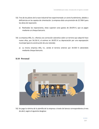 Contabilidad	
  para	
  todos:	
  Introducción	
  al	
  registro	
  contable	
  
	
  
133	
  
	
  
	
  
53) Tres	
  de	
  los	
  pilares	
  de	
  la	
  nave	
  industrial	
  han	
  experimentado	
  un	
  cierto	
  hundimiento,	
  debido	
  a	
  
deficiencias	
  en	
  las	
  zapatas	
  de	
  cimentación.	
  La	
  empresa	
  dota	
  una	
  provisión	
  de	
  22.768	
  €	
  para	
  
las	
  obras	
  de	
  reparación.	
  	
  
a) Realizadas	
   las	
   reparaciones,	
   éstas	
   suponen	
   unos	
   gastos	
   de	
   20.678	
   €,	
   que	
   se	
   pagan	
  
mediante	
  un	
  cheque	
  bancario.	
  
	
  
54) La	
  empresa	
  Alfa,	
  S.L.	
  efectúa	
  una	
  corrección	
  valorativa	
  sobre	
  un	
  terreno	
  que	
  adquirió	
  hace	
  
nueve	
   años,	
   por	
   54.216	
   €,	
   al	
   estimar	
   en	
   18.072	
   €	
   su	
   depreciación	
   por	
   una	
   expropiación	
  
municipal	
  (para	
  la	
  construcción	
  de	
  una	
  rotonda).	
  
a) La	
   misma	
   empresa	
   Alfa,	
   S.L.	
   vende	
   el	
   terreno	
   anterior	
   por	
   34.350	
   €	
   cobrándolo	
  
mediante	
  cheque	
  bancario.	
  	
  
8.10 Personal	
  
	
  
	
  
55) Se	
  paga	
  la	
  nómina	
  de	
  la	
  plantilla	
  de	
  la	
  empresa	
  a	
  través	
  de	
  bancos	
  correspondiente	
  al	
  mes	
  
de	
  abril,	
  según	
  el	
  siguiente	
  desglose:	
  
 