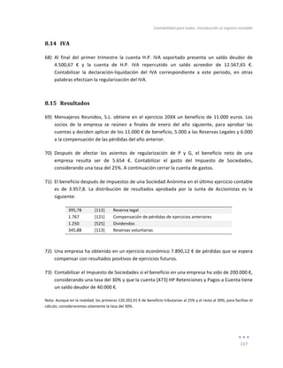 Contabilidad	
  para	
  todos:	
  Introducción	
  al	
  registro	
  contable	
  
	
  
137	
  
	
  
8.14 IVA	
  
68) Al	
   final	
   del	
   primer	
   trimestre	
   la	
   cuenta	
   H.P.	
   IVA	
   soportado	
   presenta	
   un	
   saldo	
   deudor	
   de	
  
4.500,67	
   €	
   y	
   la	
   cuenta	
   de	
   H.P.	
   IVA	
   repercutido	
   un	
   saldo	
   acreedor	
   de	
   12.567,65	
   €.	
  
Contabilizar	
   la	
   declaración-­‐liquidación	
   del	
   IVA	
   correspondiente	
   a	
   este	
   periodo,	
   en	
   otras	
  
palabras	
  efectúan	
  la	
  regularización	
  del	
  IVA.	
  
8.15 Resultados	
  
69) Mensajeros	
  Reunidos,	
  S.L.	
  obtiene	
  en	
  el	
  ejercicio	
  20XX	
  un	
  beneficio	
  de	
  11.000	
  euros.	
  Los	
  
socios	
   de	
   la	
   empresa	
   se	
   reúnen	
   a	
   finales	
   de	
   enero	
   del	
   año	
   siguiente,	
   para	
   aprobar	
   las	
  
cuentas	
  y	
  deciden	
  aplicar	
  de	
  los	
  11.000	
  €	
  de	
  beneficio,	
  5.000	
  a	
  las	
  Reservas	
  Legales	
  y	
  6.000	
  
a	
  la	
  compensación	
  de	
  las	
  pérdidas	
  del	
  año	
  anterior.	
  	
  
70) Después	
   de	
   afectar	
   los	
   asientos	
   de	
   regularización	
   de	
   P	
   y	
   G,	
   el	
   beneficio	
   neto	
   de	
   una	
  
empresa	
   resulta	
   ser	
   de	
   5.654	
   €.	
   Contabilizar	
   el	
   gasto	
   del	
   Impuesto	
   de	
   Sociedades,	
  
considerando	
  una	
  tasa	
  del	
  25%.	
  A	
  continuación	
  cerrar	
  la	
  cuenta	
  de	
  gastos.	
  
71) El	
  beneficio	
  después	
  de	
  impuestos	
  de	
  una	
  Sociedad	
  Anónima	
  en	
  el	
  último	
  ejercicio	
  contable	
  
es	
   de	
   3.957,8.	
   La	
   distribución	
   de	
   resultados	
   aprobada	
   por	
   la	
   Junta	
   de	
   Accionistas	
   es	
   la	
  
siguiente:	
  
395,78	
   [112]	
   Reserva	
  legal	
  
1.767	
   [121]	
   Compensación	
  de	
  pérdidas	
  de	
  ejercicios	
  anteriores	
  
1.250	
   [525]	
   Dividendos	
  
345,88	
   [113]	
   Reservas	
  voluntarias	
  
	
  
72) Una	
  empresa	
  ha	
  obtenido	
  en	
  un	
  ejercicio	
  económico	
  7.890,12	
  €	
  de	
  pérdidas	
  que	
  se	
  espera	
  
compensar	
  con	
  resultados	
  positivos	
  de	
  ejercicios	
  futuros.	
  	
  
73) Contabilizar	
  el	
  Impuesto	
  de	
  Sociedades	
  si	
  el	
  beneficio	
  en	
  una	
  empresa	
  ha	
  sido	
  de	
  200.000	
  €,	
  
considerando	
  una	
  tasa	
  del	
  30%	
  y	
  que	
  la	
  cuenta	
  [473]	
  HP	
  Retenciones	
  y	
  Pagos	
  a	
  Cuenta	
  tiene	
  
un	
  saldo	
  deudor	
  de	
  40.000	
  €.	
  
Nota:	
  Aunque	
  en	
  la	
  realidad,	
  los	
  primeros	
  120.202,41	
  €	
  de	
  beneficio	
  tributarían	
  al	
  25%	
  y	
  el	
  resto	
  al	
  30%,	
  para	
  facilitar	
  el	
  
cálculo,	
  consideraremos	
  solamente	
  la	
  tasa	
  del	
  30%.	
  
 