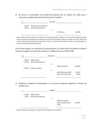 Contabilidad	
  para	
  todos:	
  Introducción	
  al	
  registro	
  contable	
  
	
  
145	
  
	
  
6) Se	
   remite	
   a	
   un	
   proveedor	
   una	
   transferencia	
   bancaria	
   por	
   un	
   importe	
   de	
   1.200	
   euros	
   a	
  
cuenta	
  de	
  un	
  pedido	
  especial	
  de	
  materias	
  primas	
  auxiliares.	
  
6	
   	
   23/11/XX	
   	
   	
  
	
   	
   	
   	
   	
  
1.016,95	
   [407]	
  Anticipos	
  proveedores	
   	
   	
   	
  
183,05	
   [472]	
  HP	
  IVA	
  Soportado	
   	
   	
   	
  
	
   	
   a	
   	
   	
  
	
   	
   	
   [572]	
  Bancos	
   1.200,00	
  
	
   	
   	
   	
   	
  
Nota:	
  Aunque	
  muchas	
  empresas	
  no	
  lo	
  hacen,	
  la	
  cuenta	
  [472]	
  se	
  debe	
  considera	
  en	
  el	
  momento	
  de	
  realizar	
  el	
  anticipo	
  
ya	
  que	
  el	
  impuesto	
  se	
  devenga	
  en	
  el	
  momento	
  en	
  que	
  se	
  efectúa	
  el	
  pago	
  o	
  cobro	
  de	
  anticipos.	
  Al	
  recibir	
  1.200	
  euros,	
  
en	
  el	
  anticipo	
  del	
  proveedor	
  hay	
  que	
  descontar	
  el	
  IVA.	
  	
  En	
  el	
  momento	
  de	
  realizar	
  de	
  compra,	
  el	
  IVA	
  aplicado	
  en	
  el	
  
anticipo	
  se	
  descuenta	
  del	
  total	
  a	
  soportar.	
  
Unos	
  meses	
  después,	
  se	
  materializa	
  la	
  compra	
  anterior,	
  de	
  manera	
  que	
  el	
  proveedor	
  entrega	
  el	
  
material	
  encargado.	
  El	
  importe	
  de	
  la	
  factura	
  es	
  7.000	
  euros	
  más	
  un	
  IVA	
  del	
  18%.	
  	
  
	
  
6.a	
   	
   07/01/XX+1	
   	
   	
  
	
   	
   	
   	
   	
  
7.000,00	
   [600]	
  Compras	
   	
   	
   	
  
1.260,00	
   [472]	
  HP	
  IVA	
  Soportado	
   	
   	
   	
  
	
   	
   a	
   	
   	
  
	
   	
   	
   [400]	
  Proveedores	
   8.260,00	
  
1.200,00	
   [400]	
  Proveedores	
   	
   	
   	
  
	
   	
   a	
   	
   	
  
	
   	
   	
   [407]	
  Anticipos	
  proveed.	
   1.016,95	
  
	
   	
   	
   [472]	
  HP	
  IVA	
  Soportado	
   183,05	
  
	
   	
   	
   	
   	
  
	
  
7) Recibimos	
   el	
   albarán	
   correspondiente	
   a	
   una	
   remesa	
   de	
   géneros	
   adquirida	
   a	
   30	
   días	
   por	
  
5.108,6	
  euros.	
  
7	
   	
   23/04/XX	
   	
   	
  
	
   	
   	
   	
   	
  
5.108,60	
   [600]	
  Compras	
   	
   	
   	
  
919,55	
   [472]	
  HP	
  IVA	
  Soportado	
   	
   	
   	
  
	
   	
   a	
   	
   	
  
	
   	
   	
   [4009]	
  Proveedores	
  
facturas	
  pendientes	
  de	
  
recibir	
  
6.028,15	
  
	
   	
   	
   	
   	
  
Nota:	
  El	
  impuesto	
  se	
  devenga	
  en	
  el	
  momento	
  de	
  entrega	
  de	
  las	
  mercaderías	
  
 