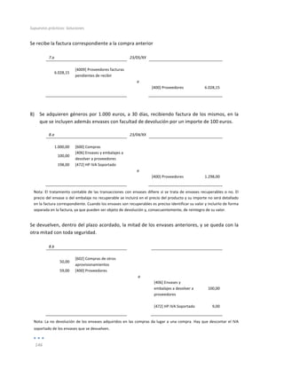 Supuestos	
  prácticos:	
  Soluciones	
  
	
  
146	
  
	
  
Se	
  recibe	
  la	
  factura	
  correspondiente	
  a	
  la	
  compra	
  anterior	
  
	
  
7.a	
   	
   23/05/XX	
   	
   	
  
	
   	
   	
   	
   	
  
6.028,15	
  
[4009]	
  Proveedores	
  facturas	
  
pendientes	
  de	
  recibir	
  
	
   	
  
	
  
	
   	
   a	
   	
   	
  
	
   	
   	
   [400]	
  Proveedores	
   6.028,15	
  
	
   	
   	
   	
   	
  
	
  
8) Se	
  adquieren	
  géneros	
  por	
  1.000	
  euros,	
  a	
  30	
  días,	
  recibiendo	
  factura	
  de	
  los	
  mismos,	
  en	
  la	
  
que	
  se	
  incluyen	
  además	
  envases	
  con	
  facultad	
  de	
  devolución	
  por	
  un	
  importe	
  de	
  100	
  euros.	
  
8.a	
   	
   23/04/XX	
   	
   	
  
	
   	
   	
   	
   	
  
1.000,00	
   [600]	
  Compras	
   	
   	
   	
  
100,00	
  
[406]	
  Envases	
  y	
  embalajes	
  a	
  
devolver	
  a	
  proveedores	
  
	
   	
  
	
  
198,00	
   [472]	
  HP	
  IVA	
  Soportado	
   	
   	
   	
  
	
   	
   a	
   	
   	
  
	
   	
   	
   [400]	
  Proveedores	
   1.298,00	
  
	
   	
   	
   	
   	
  
Nota:	
  El	
  tratamiento	
  contable	
  de	
  las	
  transacciones	
  con	
  envases	
  difiere	
  si	
  se	
  trata	
  de	
  envases	
  recuperables	
  o	
  no.	
  El	
  
precio	
  del	
  envase	
  o	
  del	
  embalaje	
  no	
  recuperable	
  se	
  incluirá	
  en	
  el	
  precio	
  del	
  producto	
  y	
  su	
  importe	
  no	
  será	
  detallado	
  
en	
  la	
  factura	
  correspondiente.	
  Cuando	
  los	
  envases	
  son	
  recuperables	
  es	
  preciso	
  identificar	
  su	
  valor	
  y	
  incluirlo	
  de	
  forma	
  
separada	
  en	
  la	
  factura,	
  ya	
  que	
  pueden	
  ser	
  objeto	
  de	
  devolución	
  y,	
  consecuentemente,	
  de	
  reintegro	
  de	
  su	
  valor.	
  
Se	
  devuelven,	
  dentro	
  del	
  plazo	
  acordado,	
  la	
  mitad	
  de	
  los	
  envases	
  anteriores,	
  y	
  se	
  queda	
  con	
  la	
  
otra	
  mitad	
  con	
  toda	
  seguridad.	
  
	
  
8.b	
   	
   	
   	
   	
  
	
   	
   	
   	
   	
  
50,00	
  
[602]	
  Compras	
  de	
  otros	
  
aprovisionamientos	
  
	
   	
  
	
  
59,00	
   [400]	
  Proveedores	
   	
   	
   	
  
	
   	
   a	
   	
   	
  
	
  
	
   	
   [406]	
  Envases	
  y	
  
embalajes	
  a	
  devolver	
  a	
  
proveedores	
  
100,00	
  
	
  
	
   	
   	
  
[472]	
  HP	
  IVA	
  Soportado	
  
	
  
9,00	
  
	
   	
   	
   	
   	
  
Nota:	
  La	
  no	
  devolución	
  de	
  los	
  envases	
  adquiridos	
  en	
  las	
  compras	
  da	
  lugar	
  a	
  una	
  compra.	
  Hay	
  que	
  descontar	
  el	
  IVA	
  
soportado	
  de	
  los	
  envases	
  que	
  se	
  devuelven.	
  
 