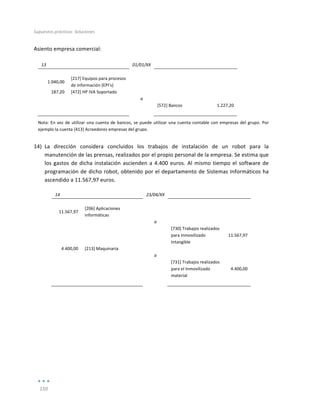 Supuestos	
  prácticos:	
  Soluciones	
  
	
  
150	
  
	
  
Asiento	
  empresa	
  comercial:	
  
	
  
13	
   	
   01/01/XX	
   	
   	
  
	
   	
   	
   	
   	
  
1.040,00	
  
[217]	
  Equipos	
  para	
  procesos	
  
de	
  información	
  (EPI’s)	
  
	
   	
  
	
  
187,20	
   [472]	
  HP	
  IVA	
  Soportado	
   	
   	
   	
  
	
   	
   a	
   	
   	
  
	
   	
   	
   [572]	
  Bancos	
   1.227,20	
  
	
   	
   	
   	
   	
  
Nota:	
  En	
  vez	
  de	
  utilizar	
  una	
  cuenta	
  de	
  bancos,	
  se	
  puede	
  utilizar	
  una	
  cuenta	
  contable	
  con	
  empresas	
  del	
  grupo.	
  Por	
  
ejemplo	
  la	
  cuenta	
  [413]	
  Acreedores	
  empresas	
  del	
  grupo.	
  
14) La	
   dirección	
   considera	
   concluidos	
   los	
   trabajos	
   de	
   instalación	
   de	
   un	
   robot	
   para	
   la	
  
manutención	
  de	
  las	
  prensas,	
  realizados	
  por	
  el	
  propio	
  personal	
  de	
  la	
  empresa.	
  Se	
  estima	
  que	
  
los	
  gastos	
  de	
  dicha	
  instalación	
  ascienden	
  a	
  4.400	
  euros.	
  Al	
  mismo	
  tiempo	
  el	
  software	
  de	
  
programación	
  de	
  dicho	
  robot,	
  obtenido	
  por	
  el	
  departamento	
  de	
  Sistemas	
  Informáticos	
  ha	
  
ascendido	
  a	
  11.567,97	
  euros.	
  
14	
   	
   23/04/XX	
   	
   	
  
	
   	
   	
   	
   	
  
11.567,97	
  
[206]	
  Aplicaciones	
  
informáticas	
  
	
   	
  
	
  
	
   	
   a	
   	
   	
  
	
  
	
   	
   [730]	
  Trabajos	
  realizados	
  
para	
  Inmovilizado	
  
Intangible	
  
11.567,97	
  
4.400,00	
   [213]	
  Maquinaria	
   	
   	
   	
  
	
   	
   a	
   	
   	
  
	
  
	
   	
   [731]	
  Trabajos	
  realizados	
  
para	
  el	
  Inmovilizado	
  
material	
  
4.400,00	
  
	
   	
   	
   	
   	
  
	
  
	
  
	
  
	
  
	
  
 